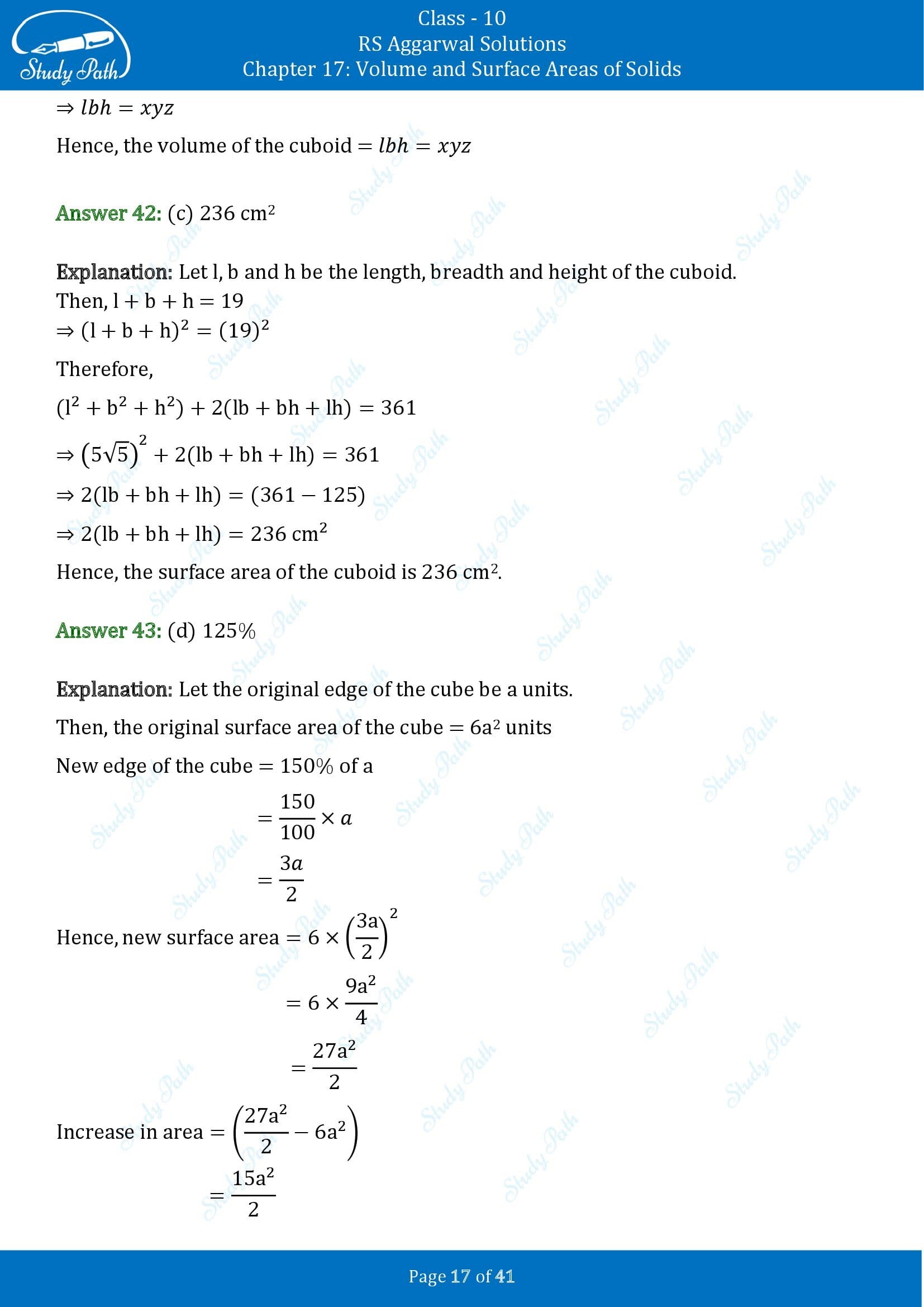 RS Aggarwal Solutions for Class 10 Chapter 17 Volume and Surface Areas of Solids Multiple Choice Questions 00017