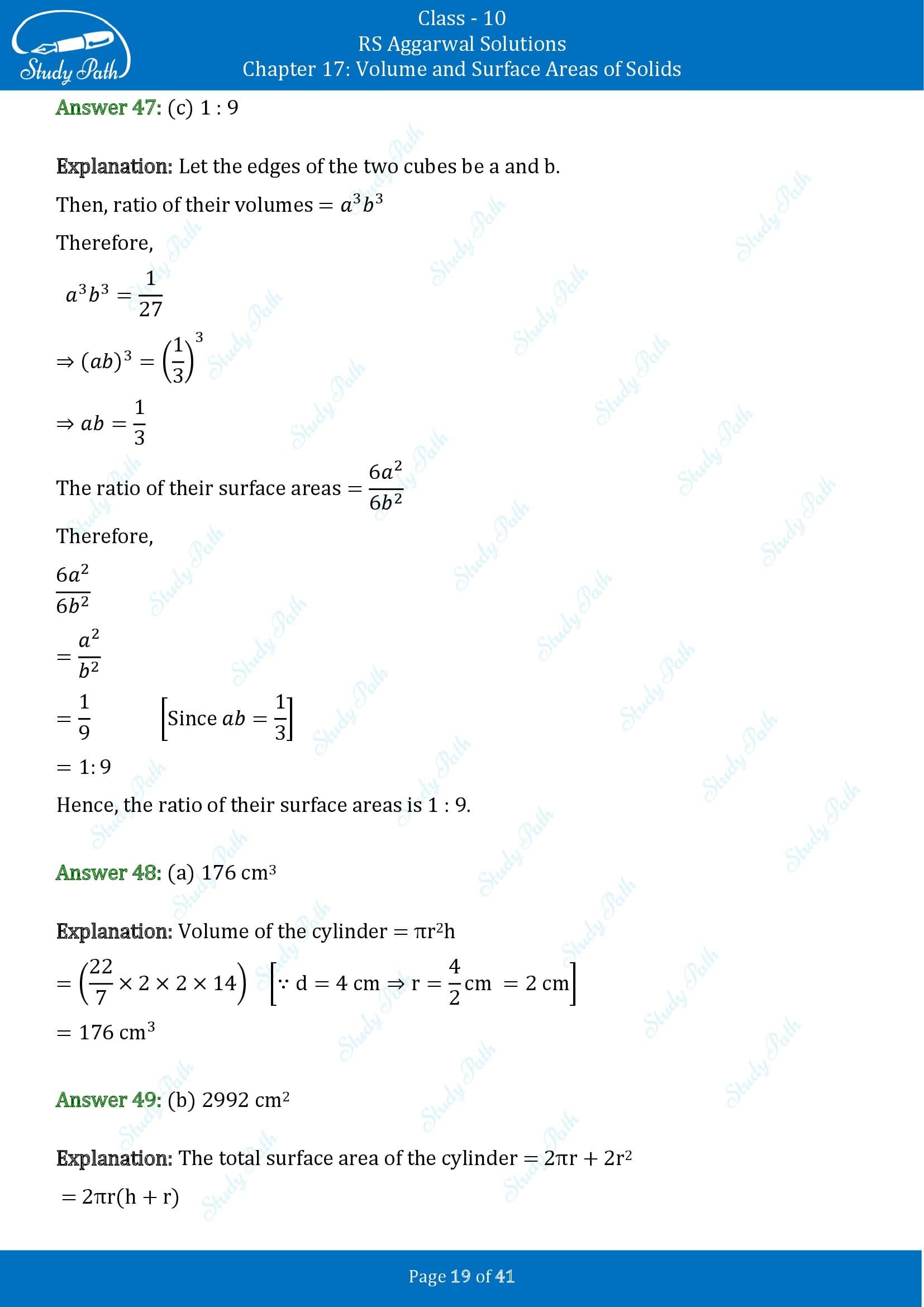 RS Aggarwal Solutions for Class 10 Chapter 17 Volume and Surface Areas of Solids Multiple Choice Questions 00019