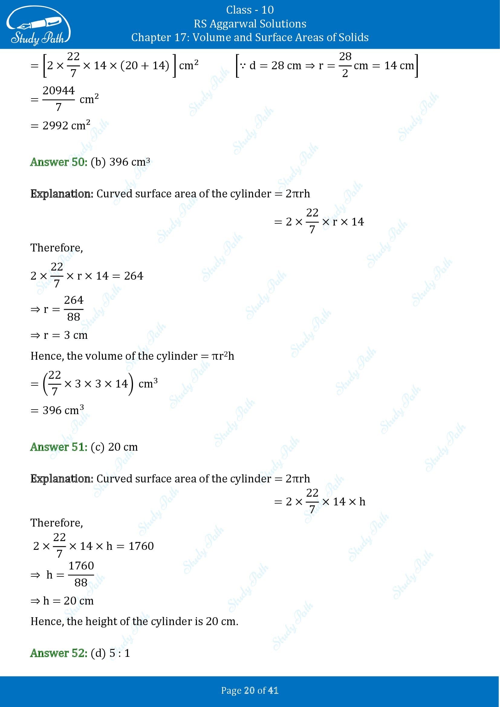 RS Aggarwal Solutions for Class 10 Chapter 17 Volume and Surface Areas of Solids Multiple Choice Questions 00020