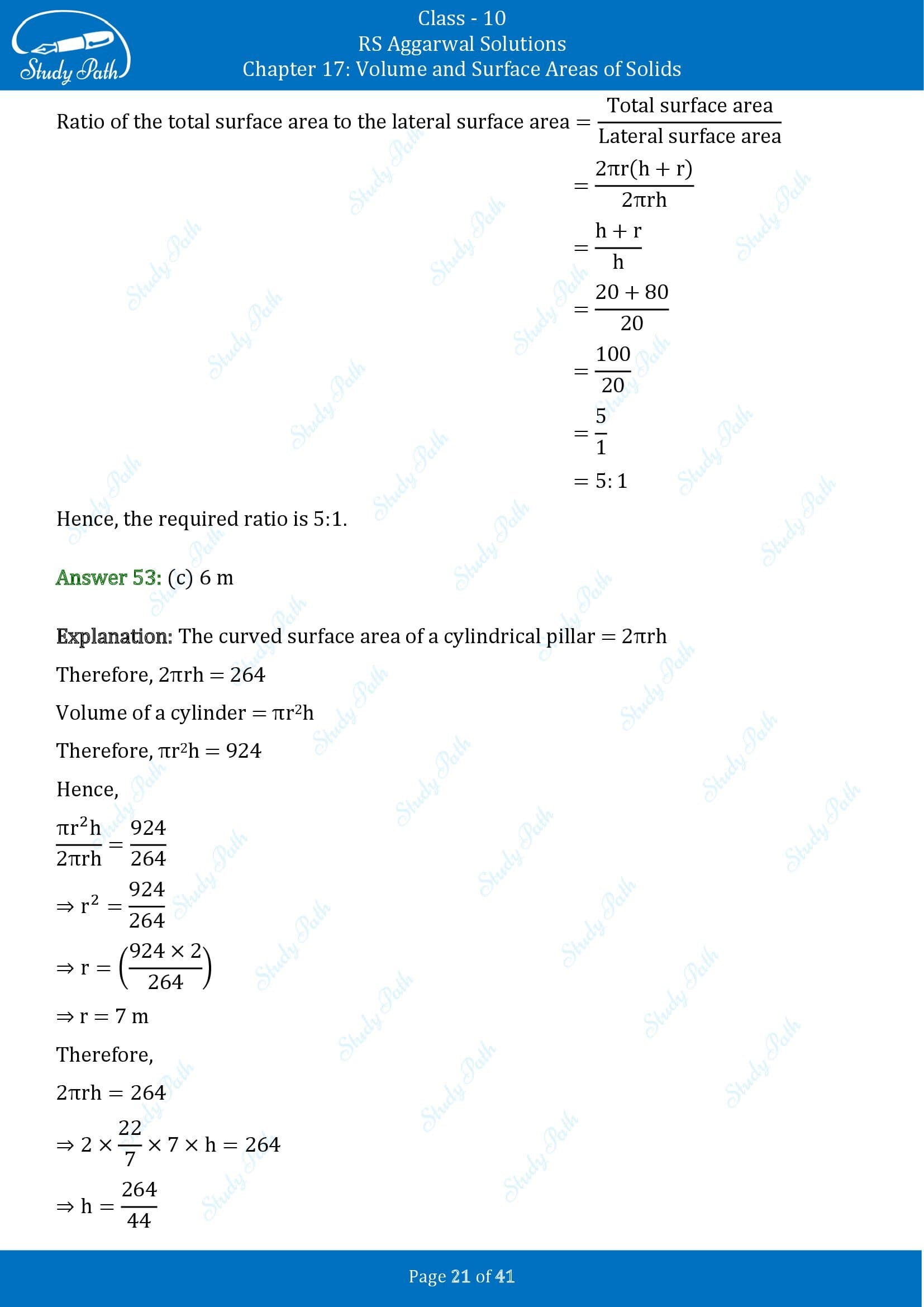 RS Aggarwal Solutions for Class 10 Chapter 17 Volume and Surface Areas of Solids Multiple Choice Questions 00021