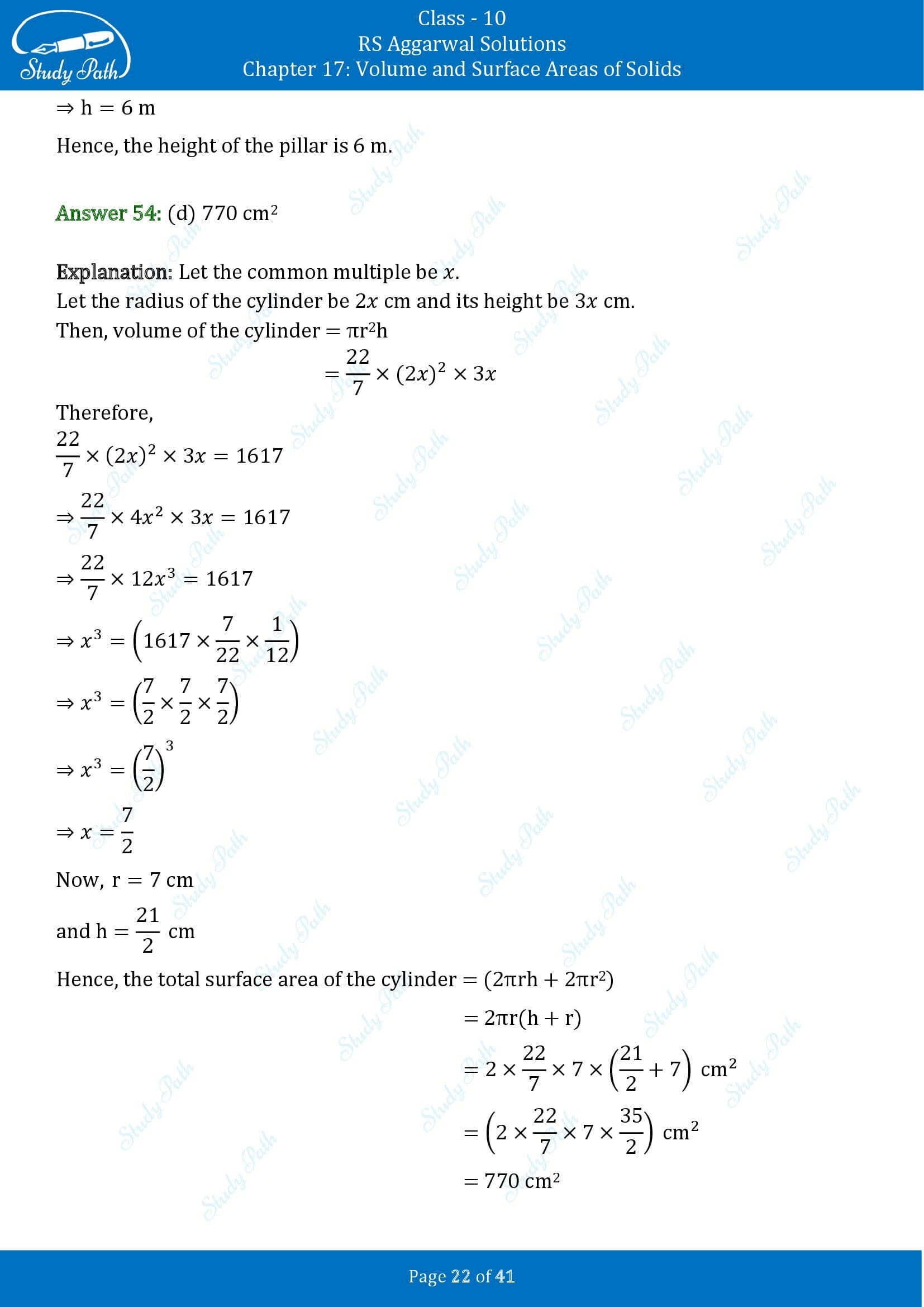 RS Aggarwal Solutions for Class 10 Chapter 17 Volume and Surface Areas of Solids Multiple Choice Questions 00022