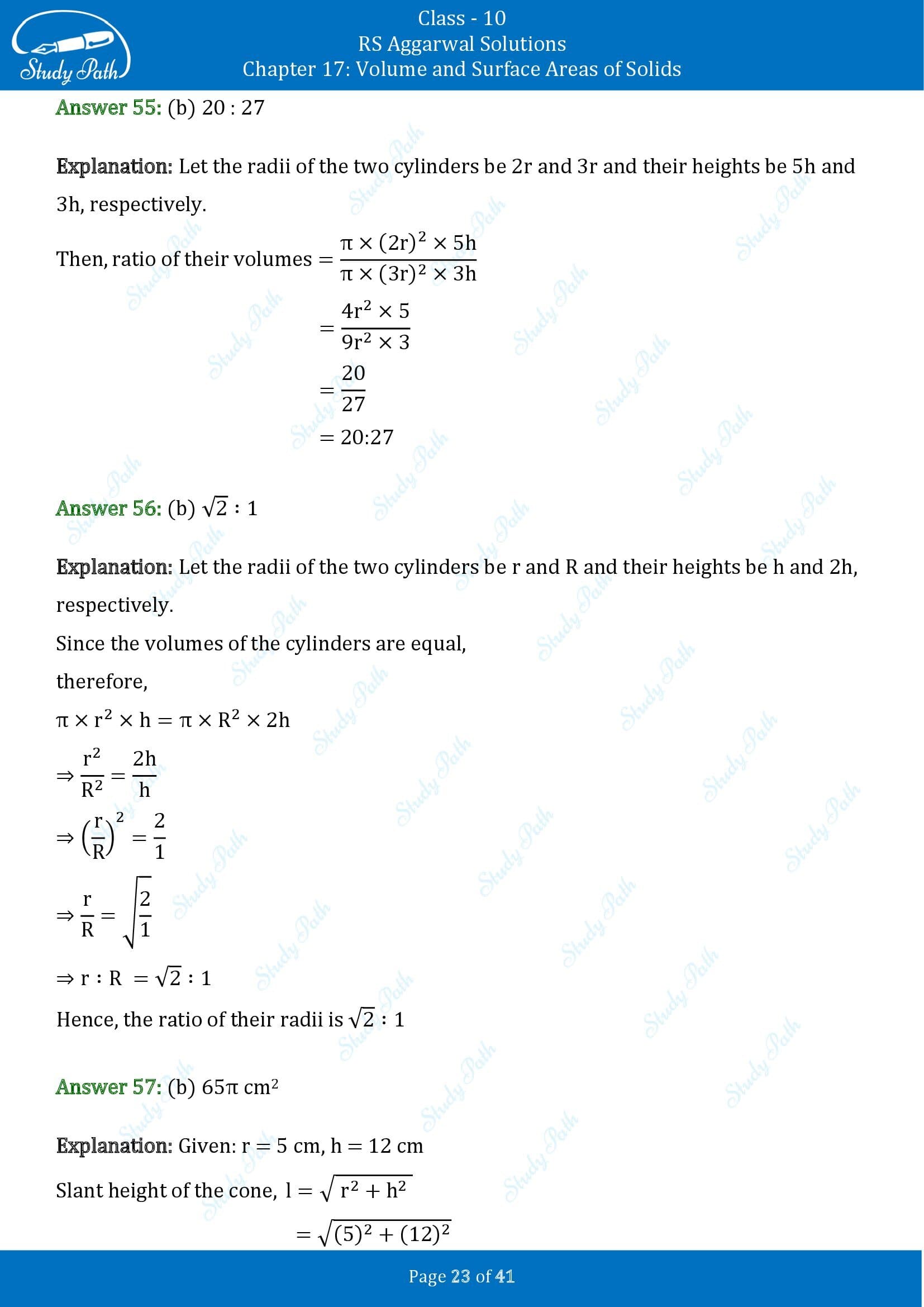 RS Aggarwal Solutions for Class 10 Chapter 17 Volume and Surface Areas of Solids Multiple Choice Questions 00023