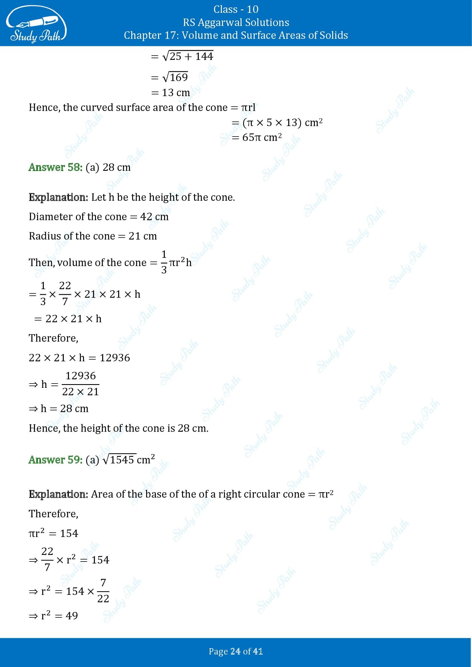 RS Aggarwal Solutions for Class 10 Chapter 17 Volume and Surface Areas of Solids Multiple Choice Questions 00024