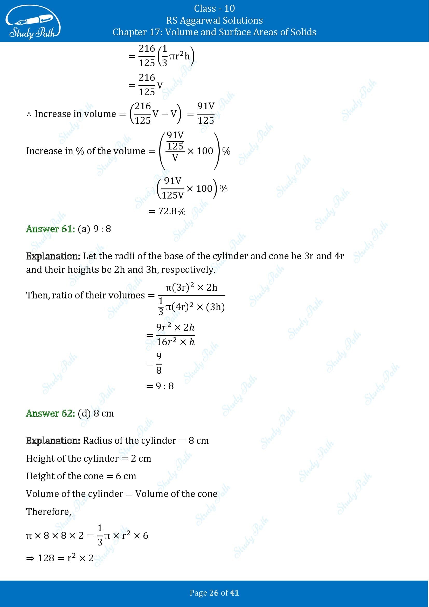 RS Aggarwal Solutions for Class 10 Chapter 17 Volume and Surface Areas of Solids Multiple Choice Questions 00026