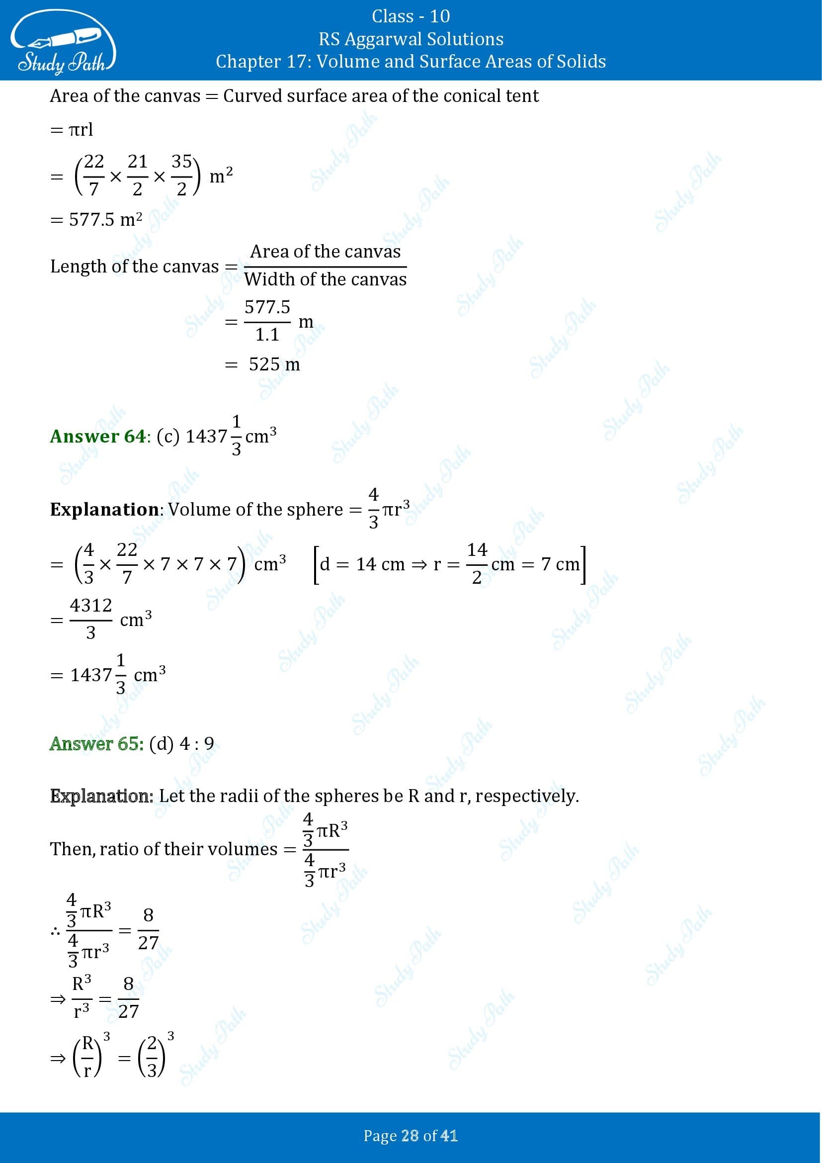 RS Aggarwal Solutions for Class 10 Chapter 17 Volume and Surface Areas of Solids Multiple Choice Questions 00028