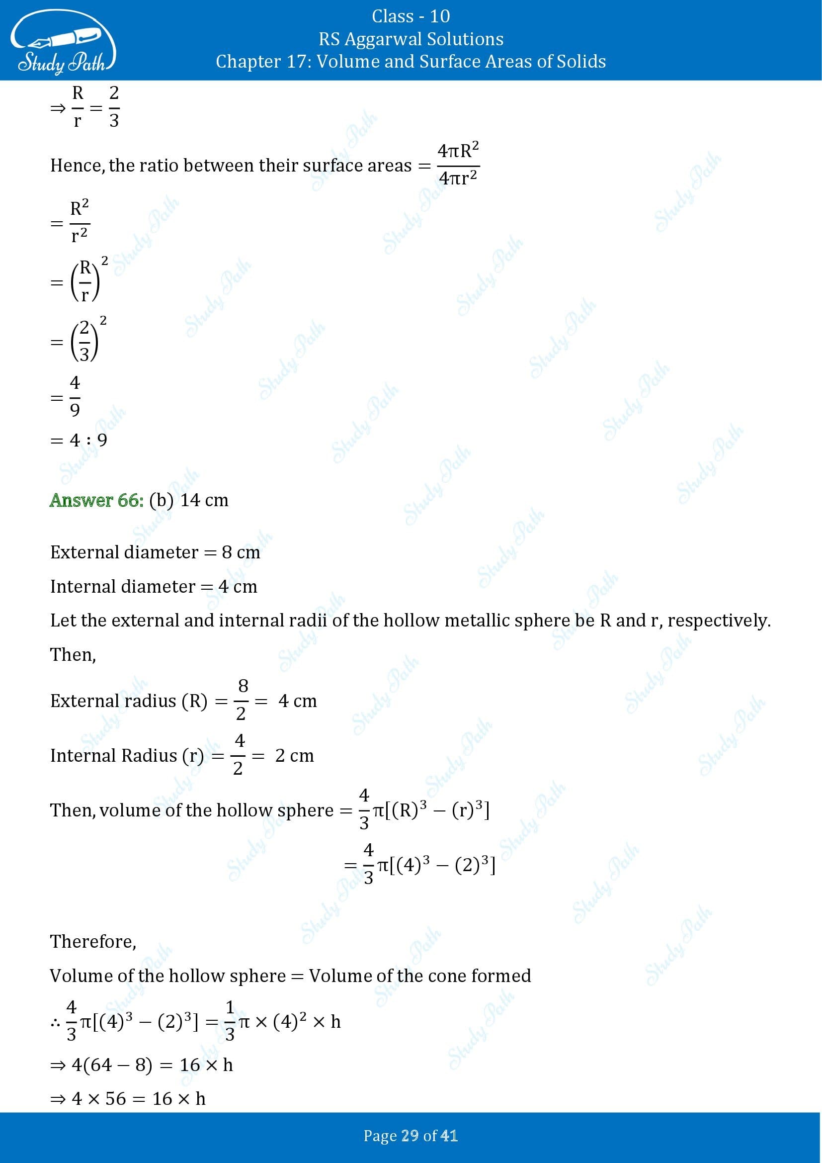 RS Aggarwal Solutions for Class 10 Chapter 17 Volume and Surface Areas of Solids Multiple Choice Questions 00029