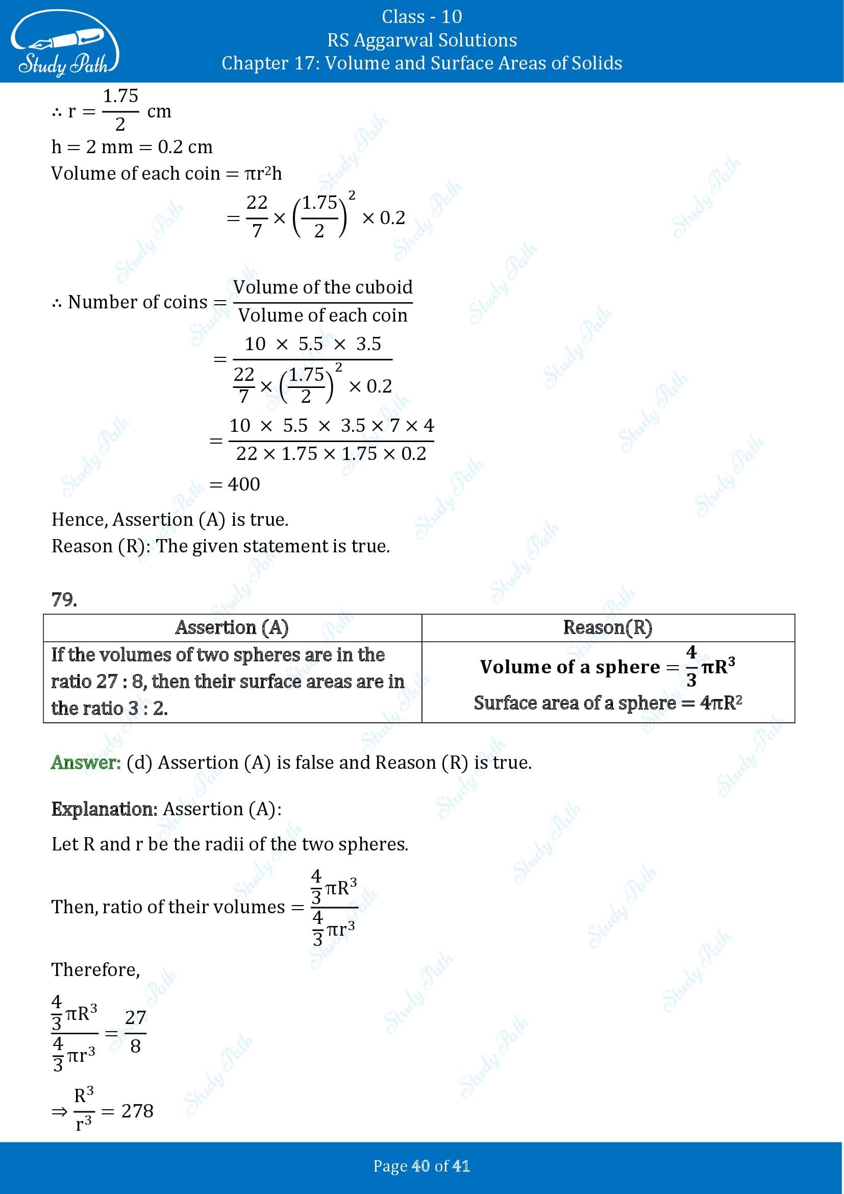 RS Aggarwal Solutions for Class 10 Chapter 17 Volume and Surface Areas of Solids Multiple Choice Questions 00040