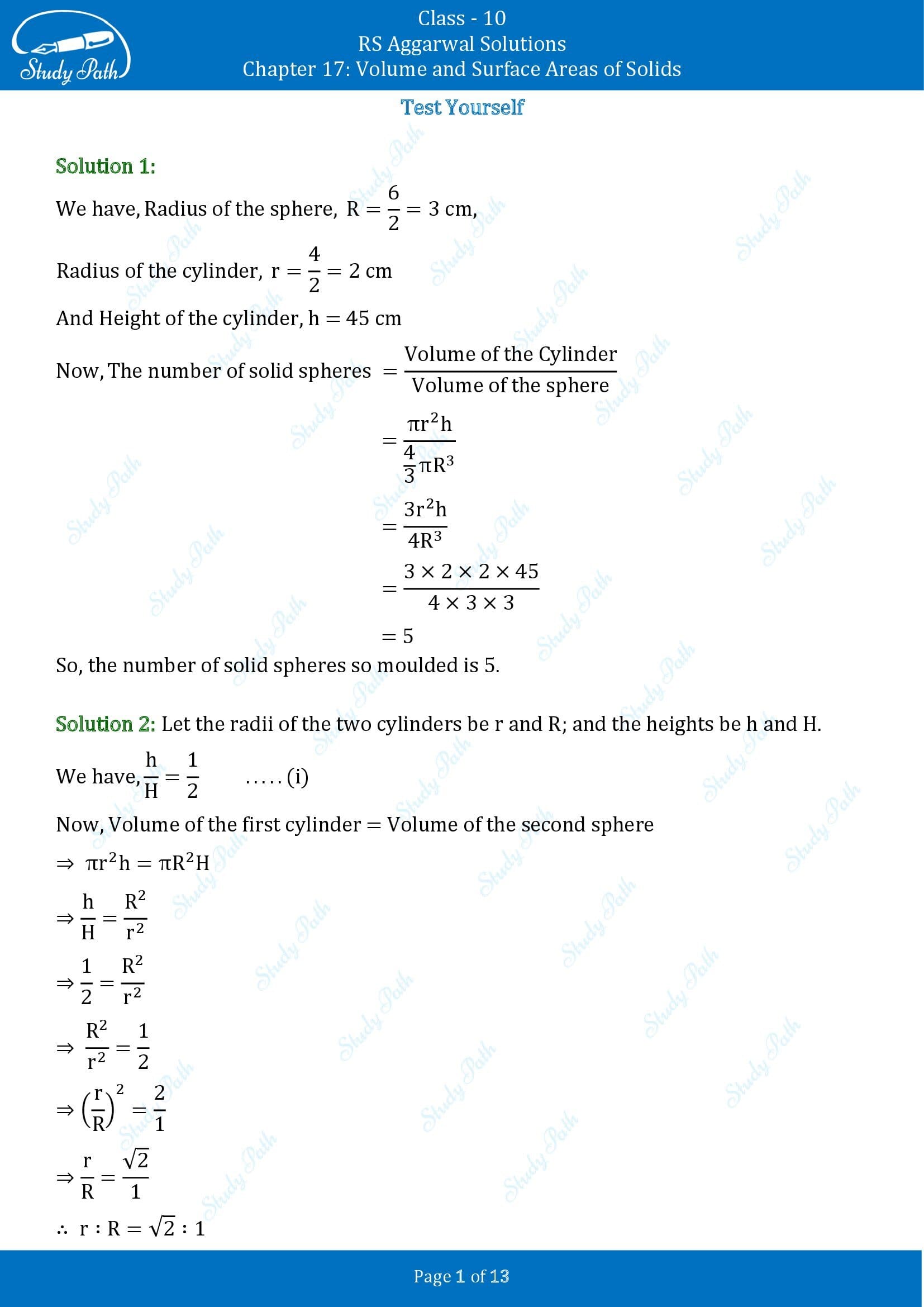 RS Aggarwal Solutions for Class 10 Chapter 17 Volume and Surface Areas of Solids Test Yourself 00001