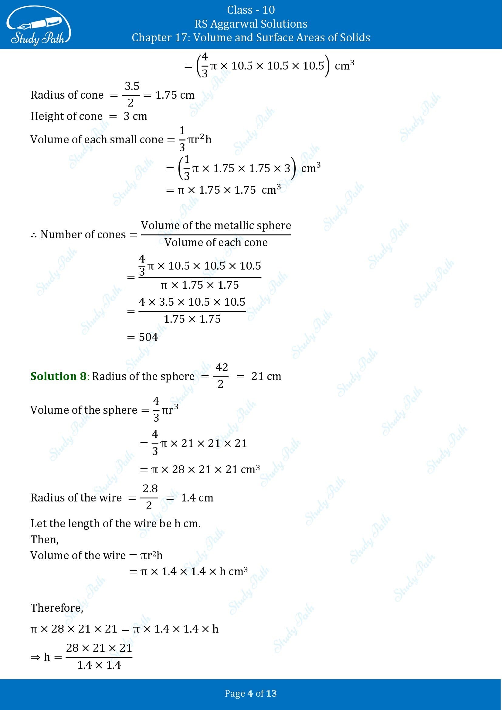 RS Aggarwal Solutions for Class 10 Chapter 17 Volume and Surface Areas of Solids Test Yourself 00004