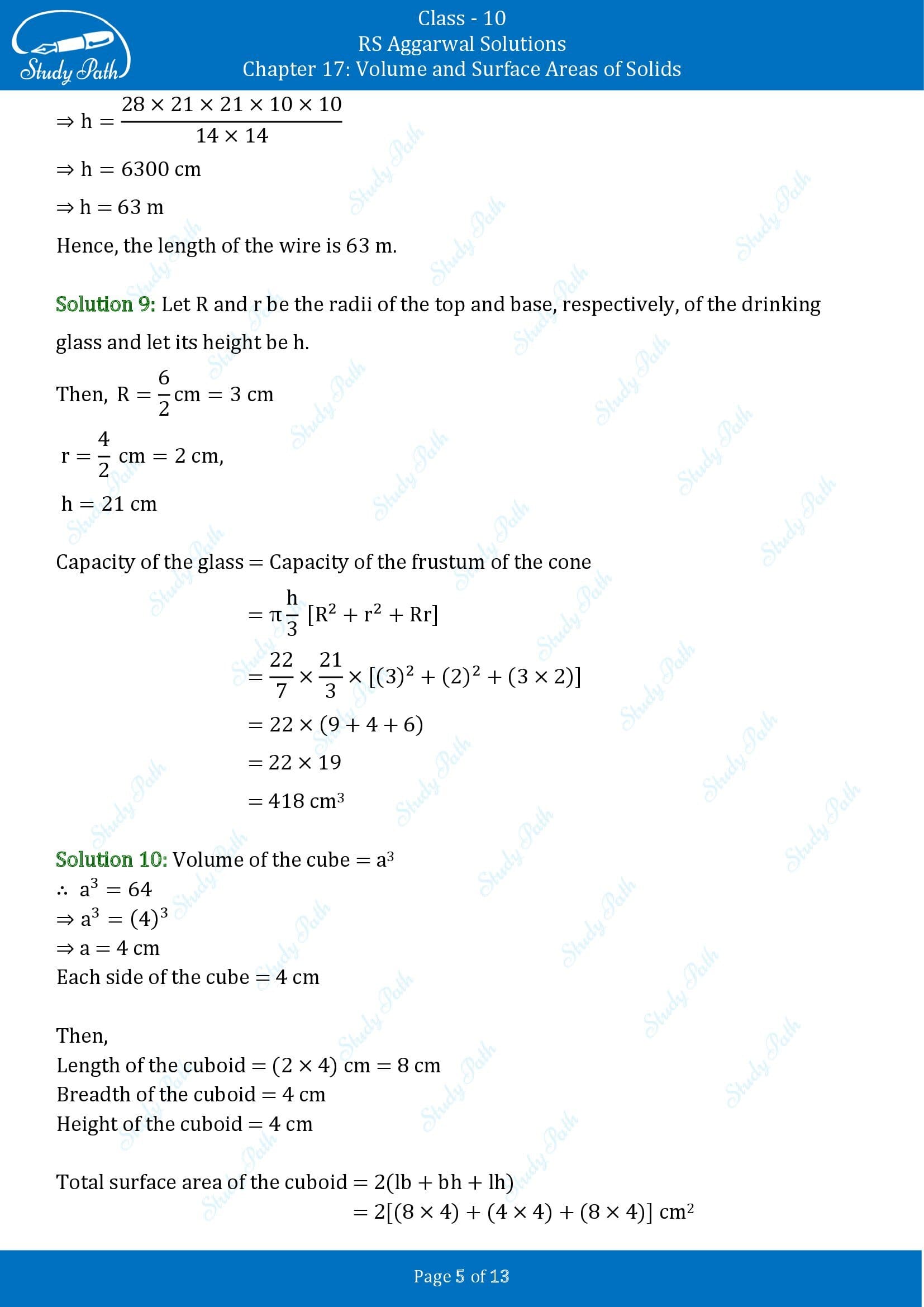 RS Aggarwal Solutions for Class 10 Chapter 17 Volume and Surface Areas of Solids Test Yourself 00005