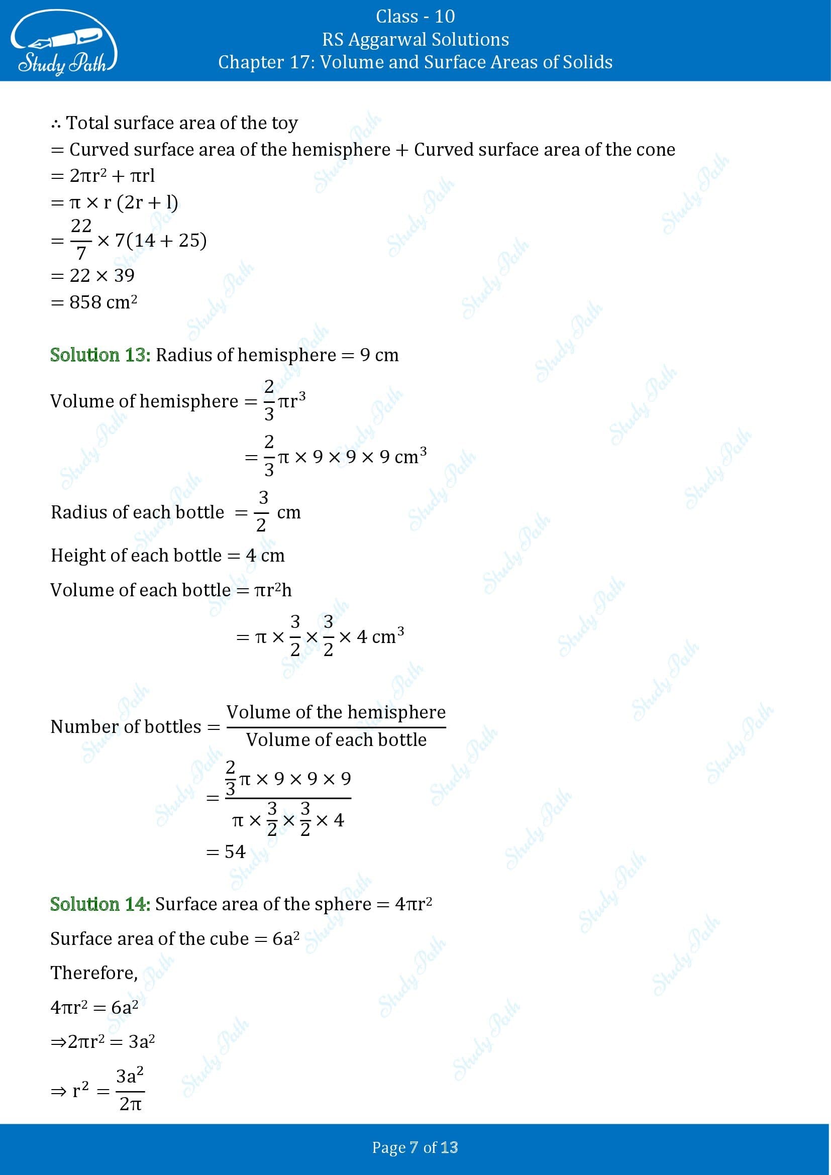 RS Aggarwal Solutions for Class 10 Chapter 17 Volume and Surface Areas of Solids Test Yourself 00007