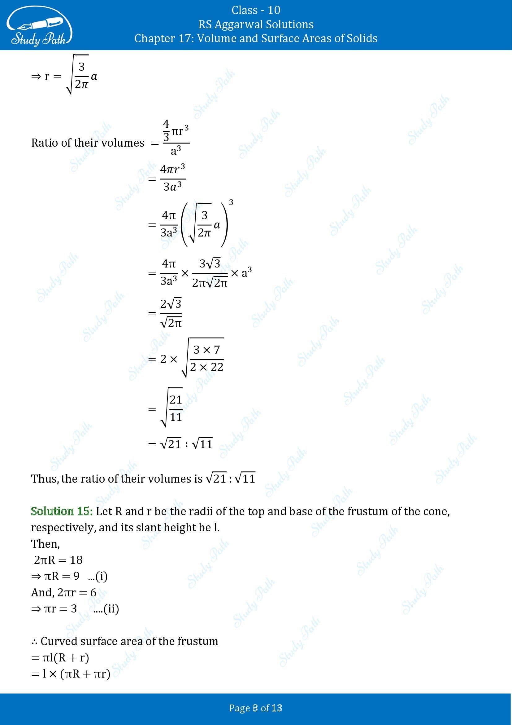 RS Aggarwal Solutions for Class 10 Chapter 17 Volume and Surface Areas of Solids Test Yourself 00008