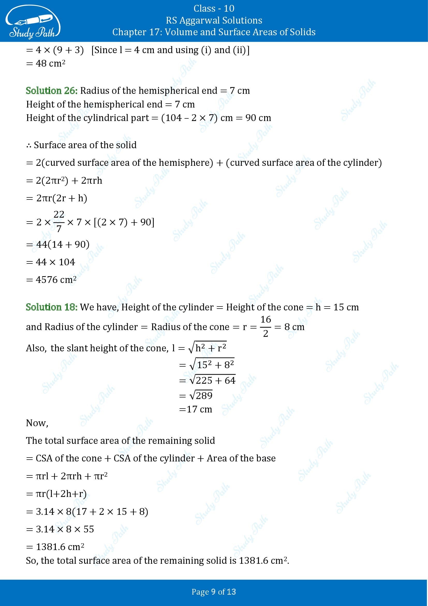 RS Aggarwal Solutions for Class 10 Chapter 17 Volume and Surface Areas of Solids Test Yourself 00009