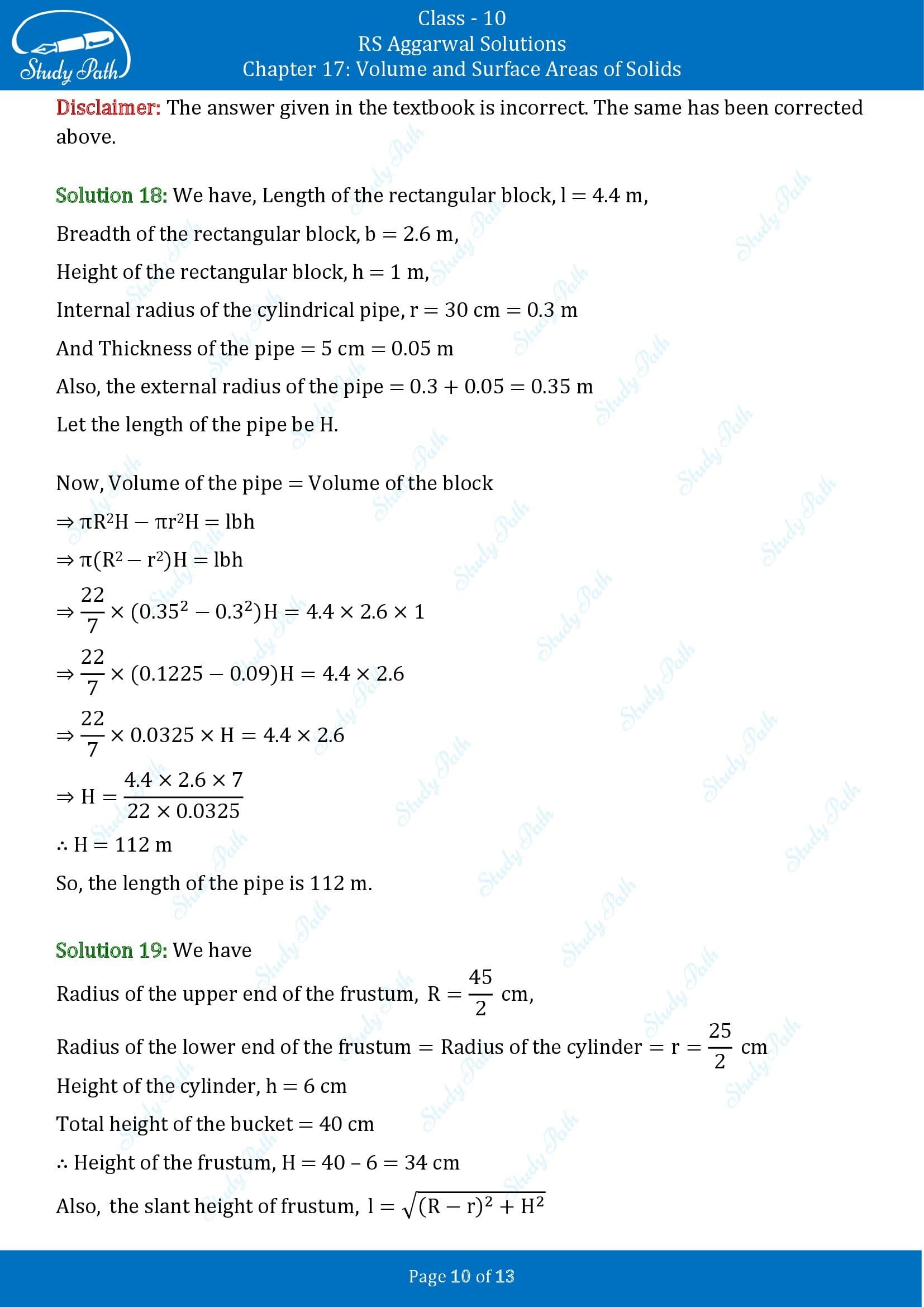 RS Aggarwal Solutions for Class 10 Chapter 17 Volume and Surface Areas of Solids Test Yourself 00010