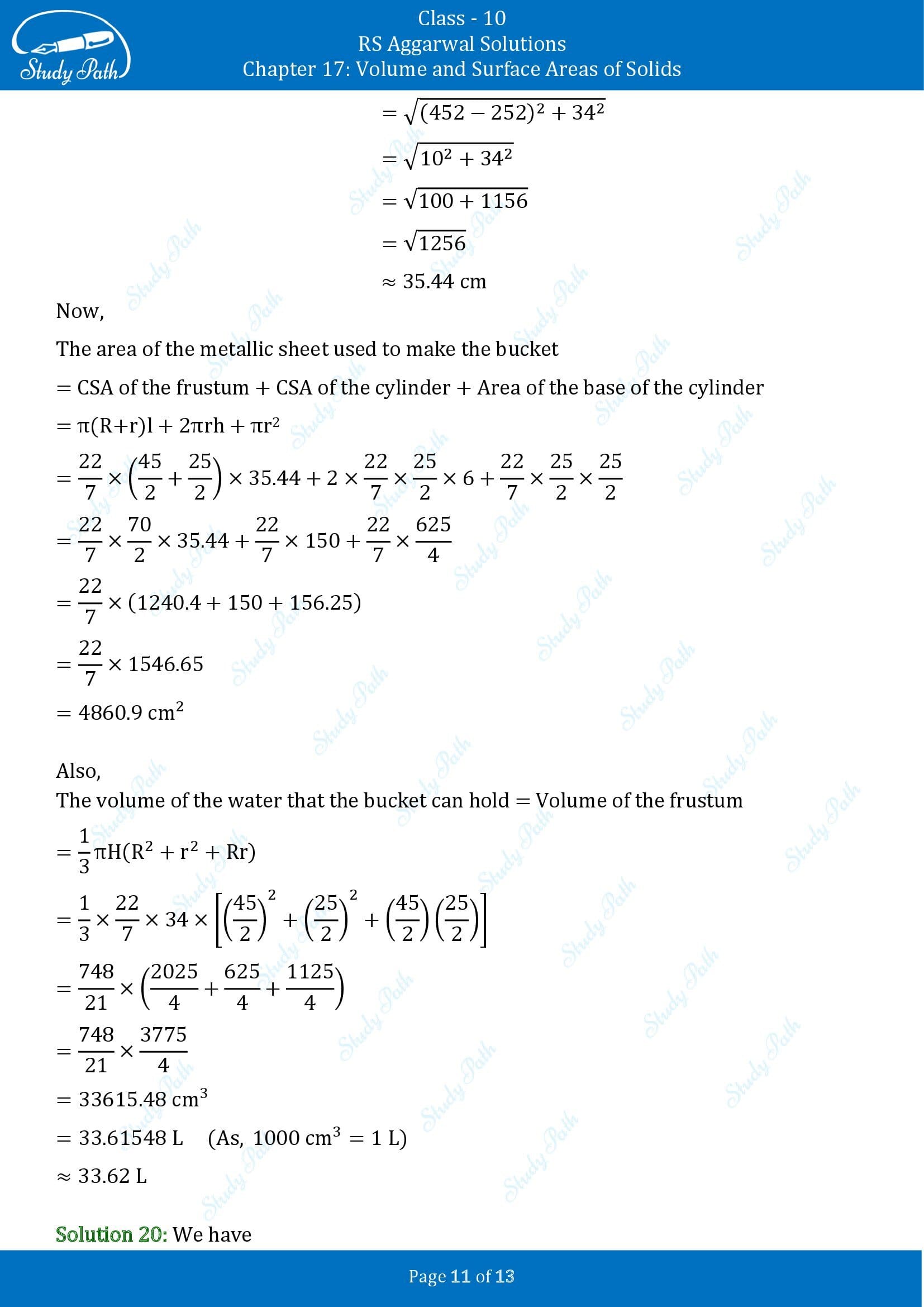 RS Aggarwal Solutions for Class 10 Chapter 17 Volume and Surface Areas of Solids Test Yourself 00011