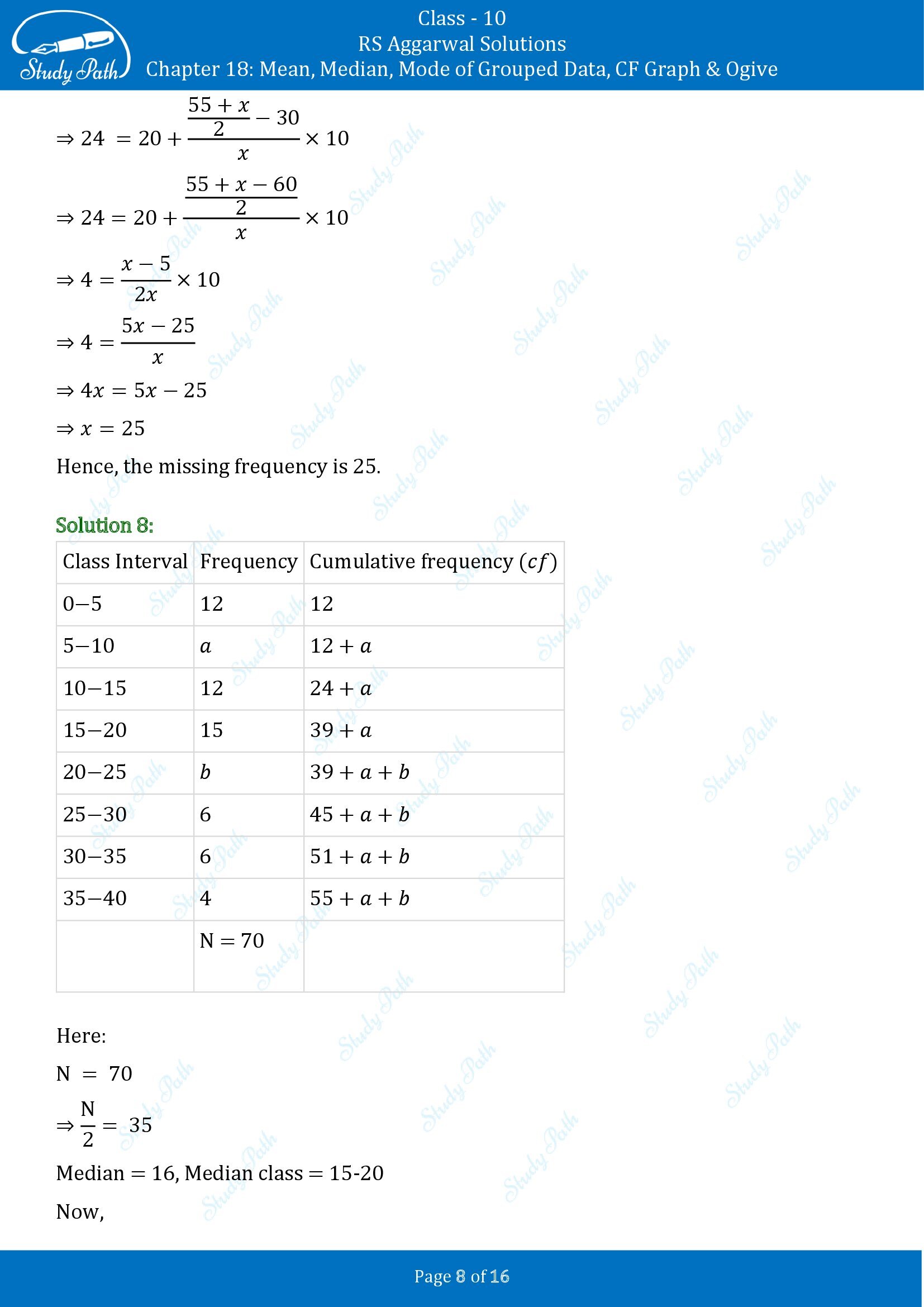 RS Aggarwal Solutions for Class 10 Chapter 18 Mean Median Mode CF and Ogive Exercise 18B 00008