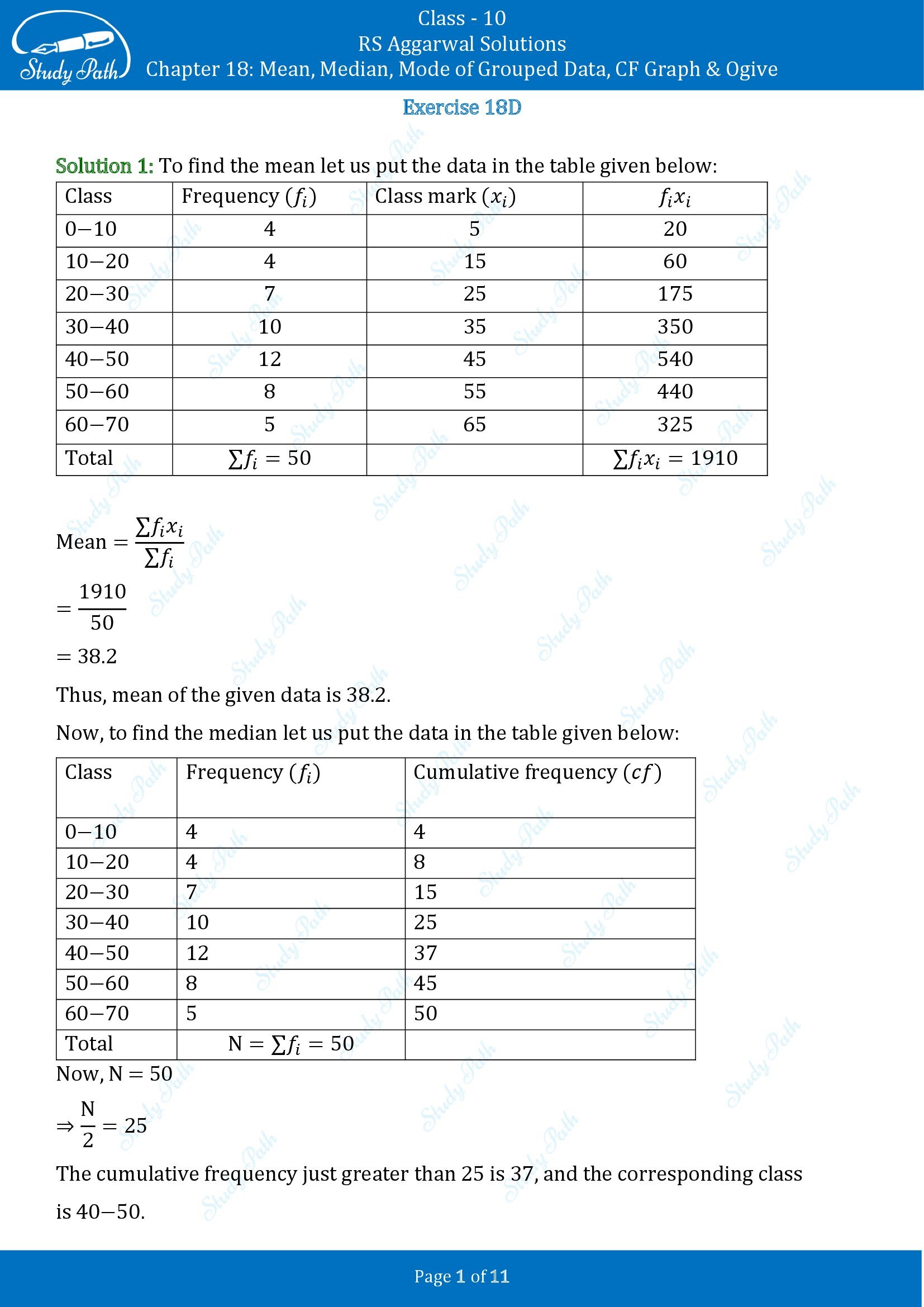 RS Aggarwal Solutions for Class 10 Chapter 18 Mean Median Mode CF and Ogive Exercise 18D 00001