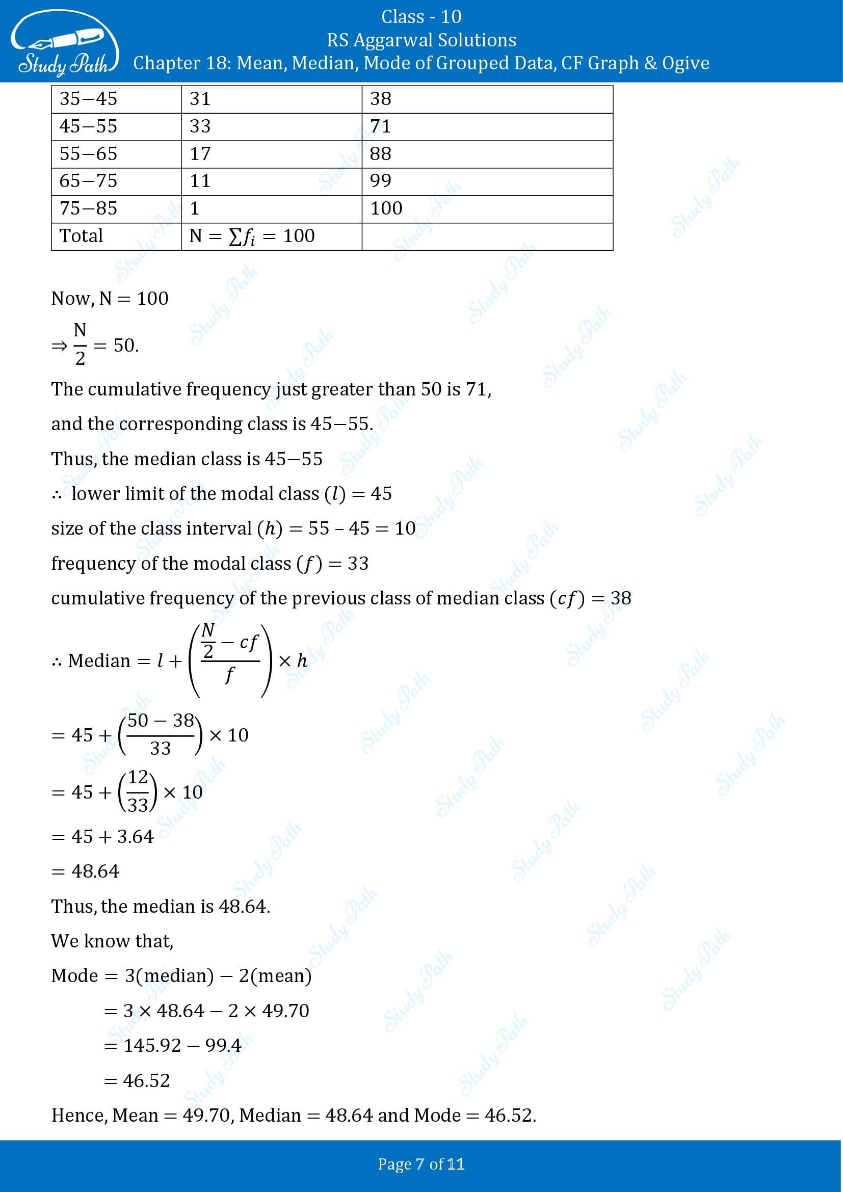 RS Aggarwal Solutions for Class 10 Chapter 18 Mean Median Mode CF and Ogive Exercise 18D 00007