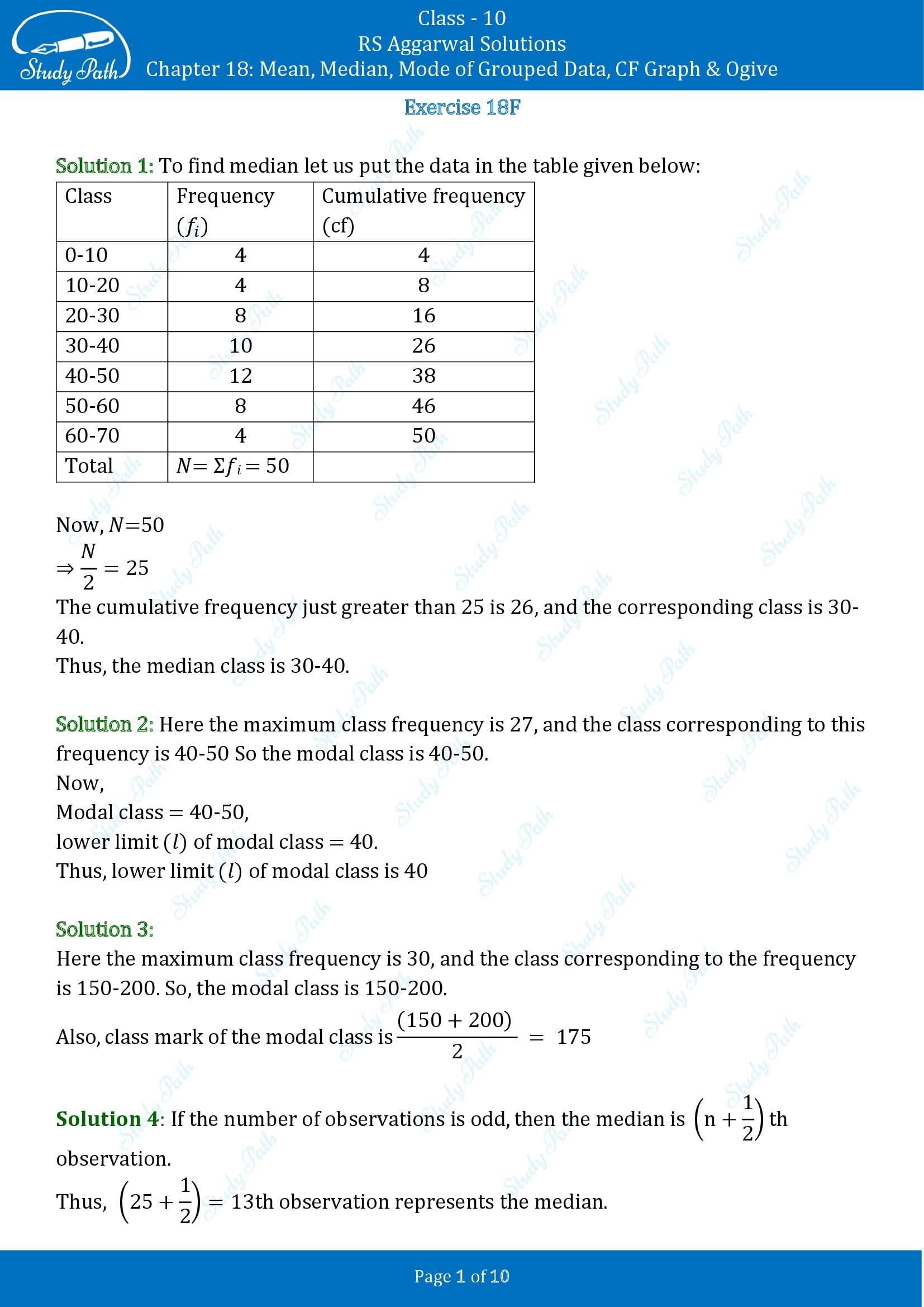 RS Aggarwal Solutions for Class 10 Chapter 18 Mean Median Mode CF and Ogive Exercise 18F 00001