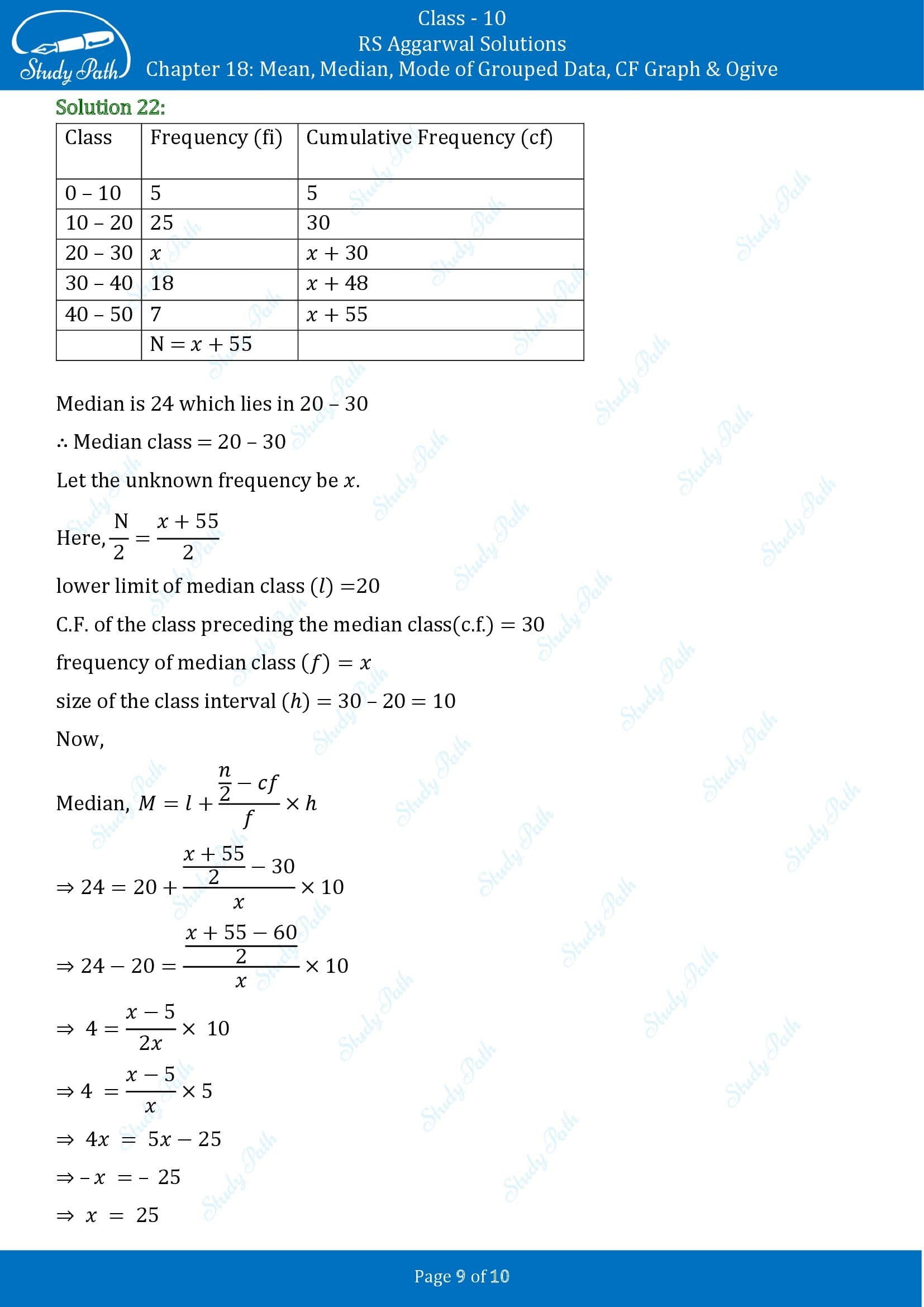 RS Aggarwal Solutions for Class 10 Chapter 18 Mean Median Mode CF and Ogive Exercise 18F 00009