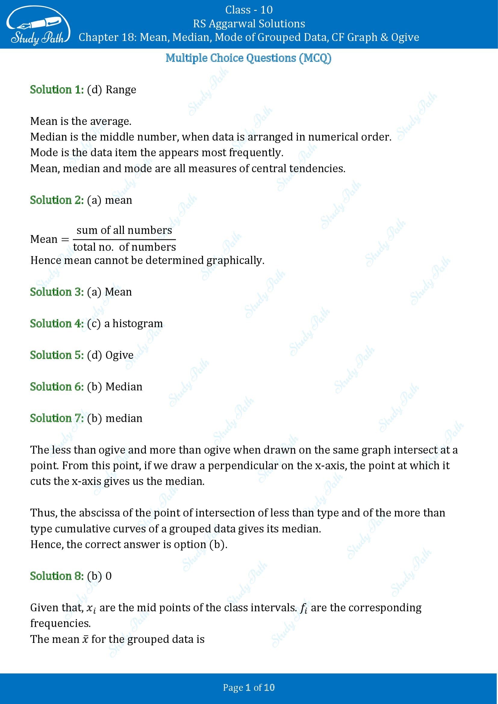 RS Aggarwal Solutions for Class 10 Chapter 18 Mean Median Mode CF and Ogive Multiple Choice Questions 00001