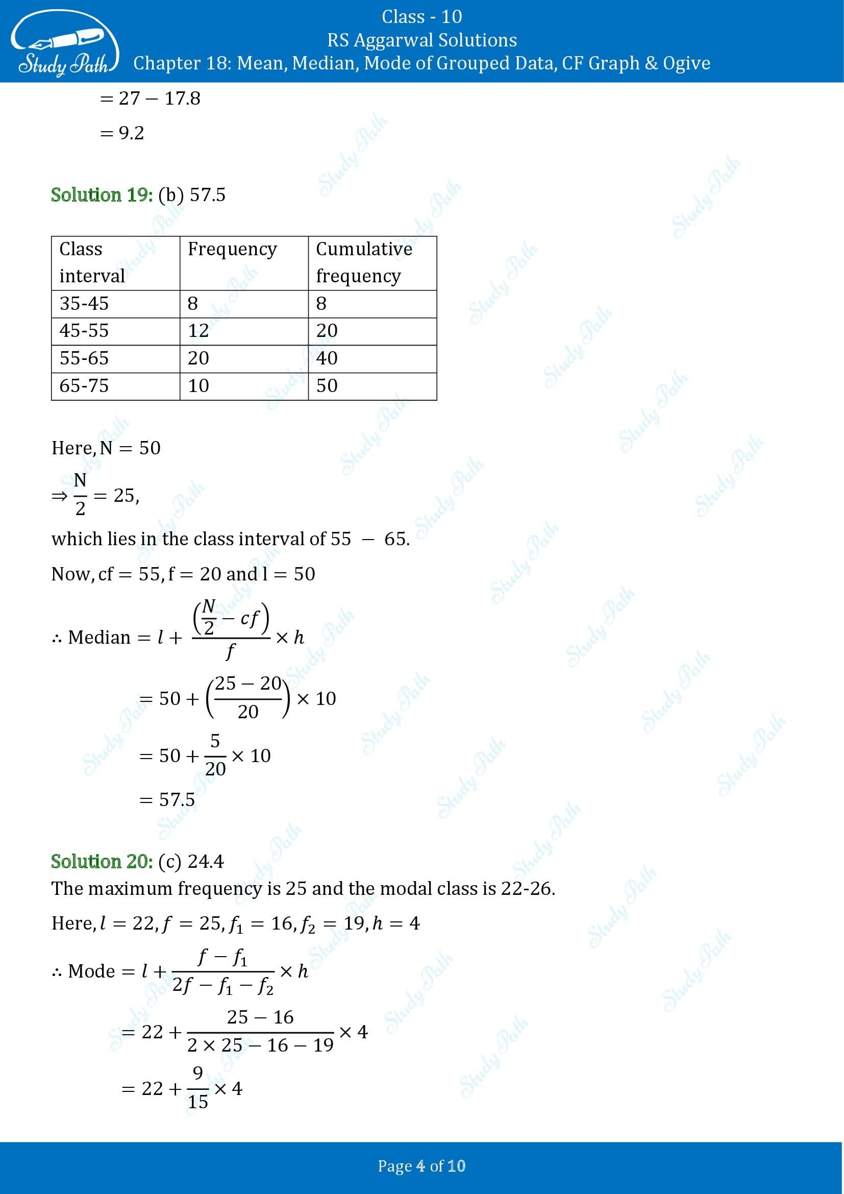 RS Aggarwal Solutions for Class 10 Chapter 18 Mean Median Mode CF and Ogive Multiple Choice Questions 00004