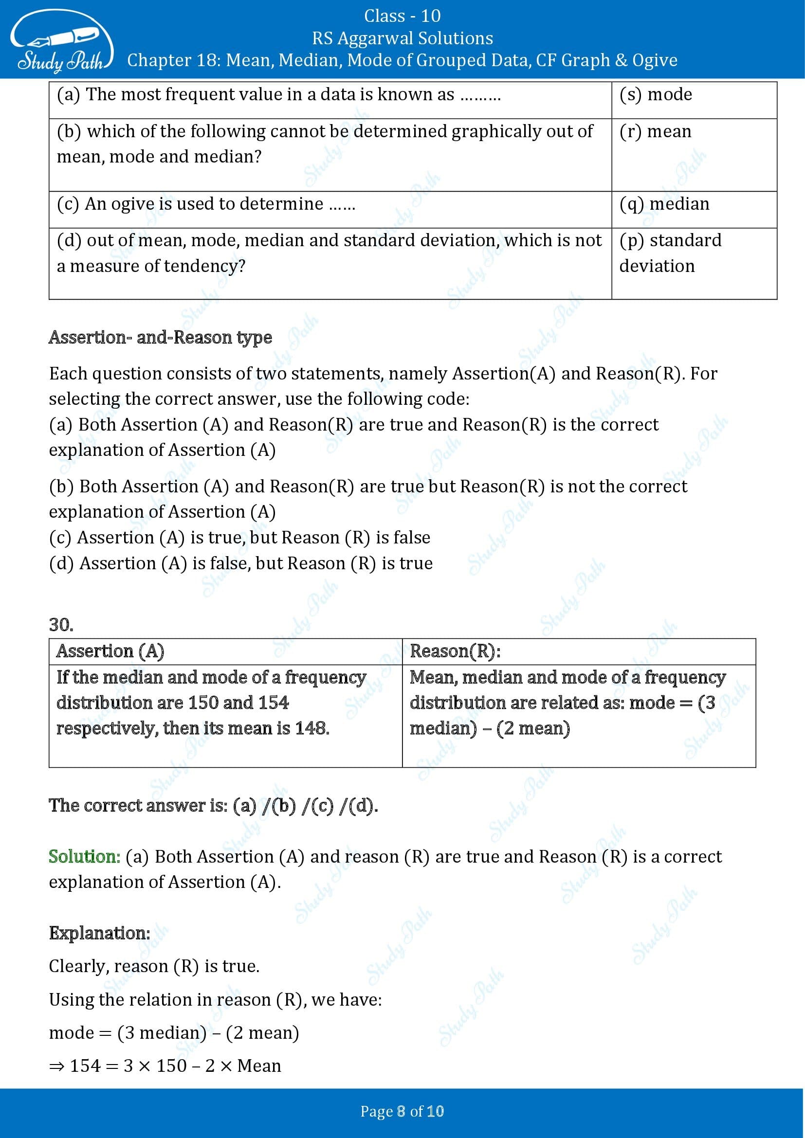 RS Aggarwal Solutions for Class 10 Chapter 18 Mean Median Mode CF and Ogive Multiple Choice Questions 00008