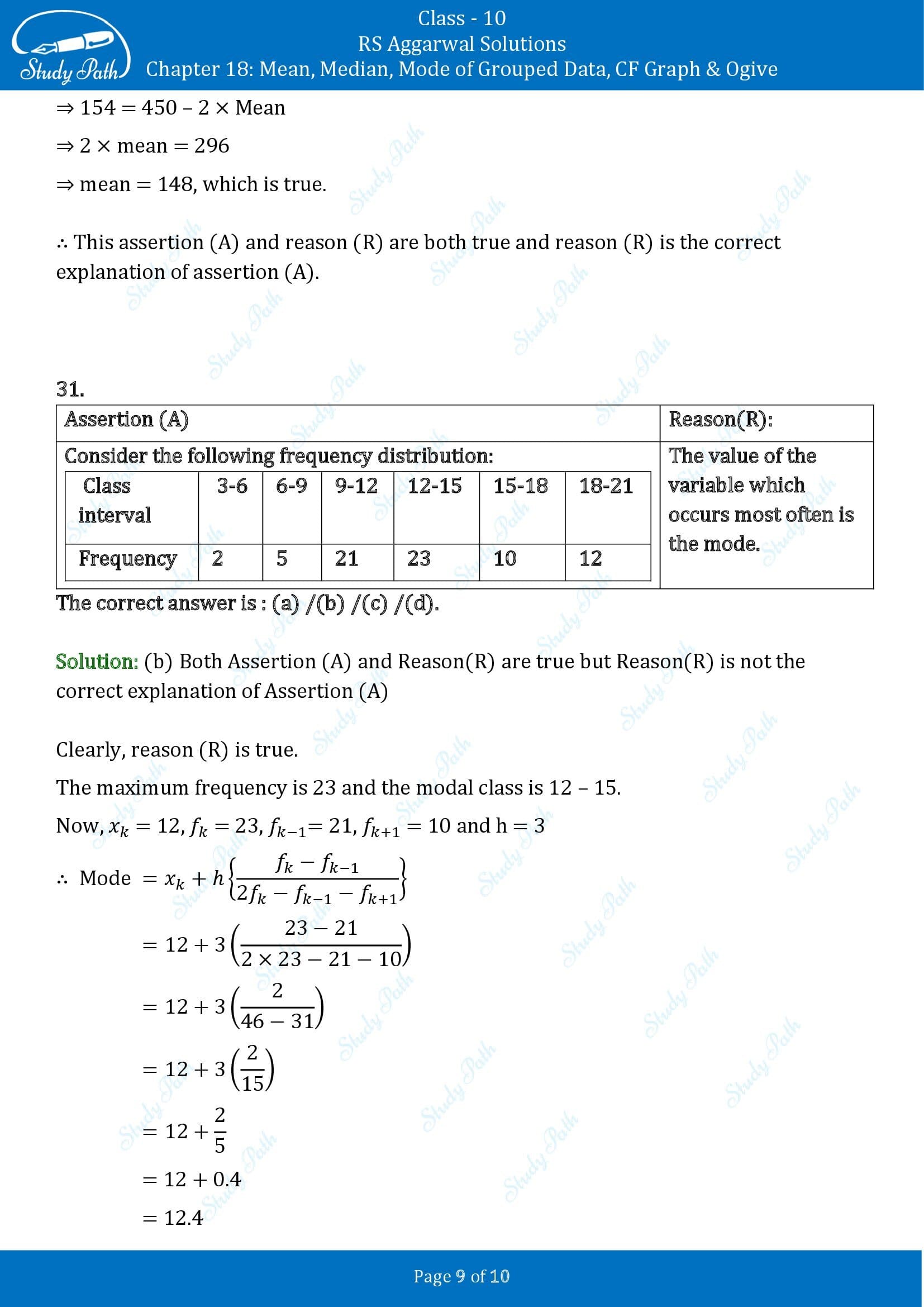 RS Aggarwal Solutions for Class 10 Chapter 18 Mean Median Mode CF and Ogive Multiple Choice Questions 00009