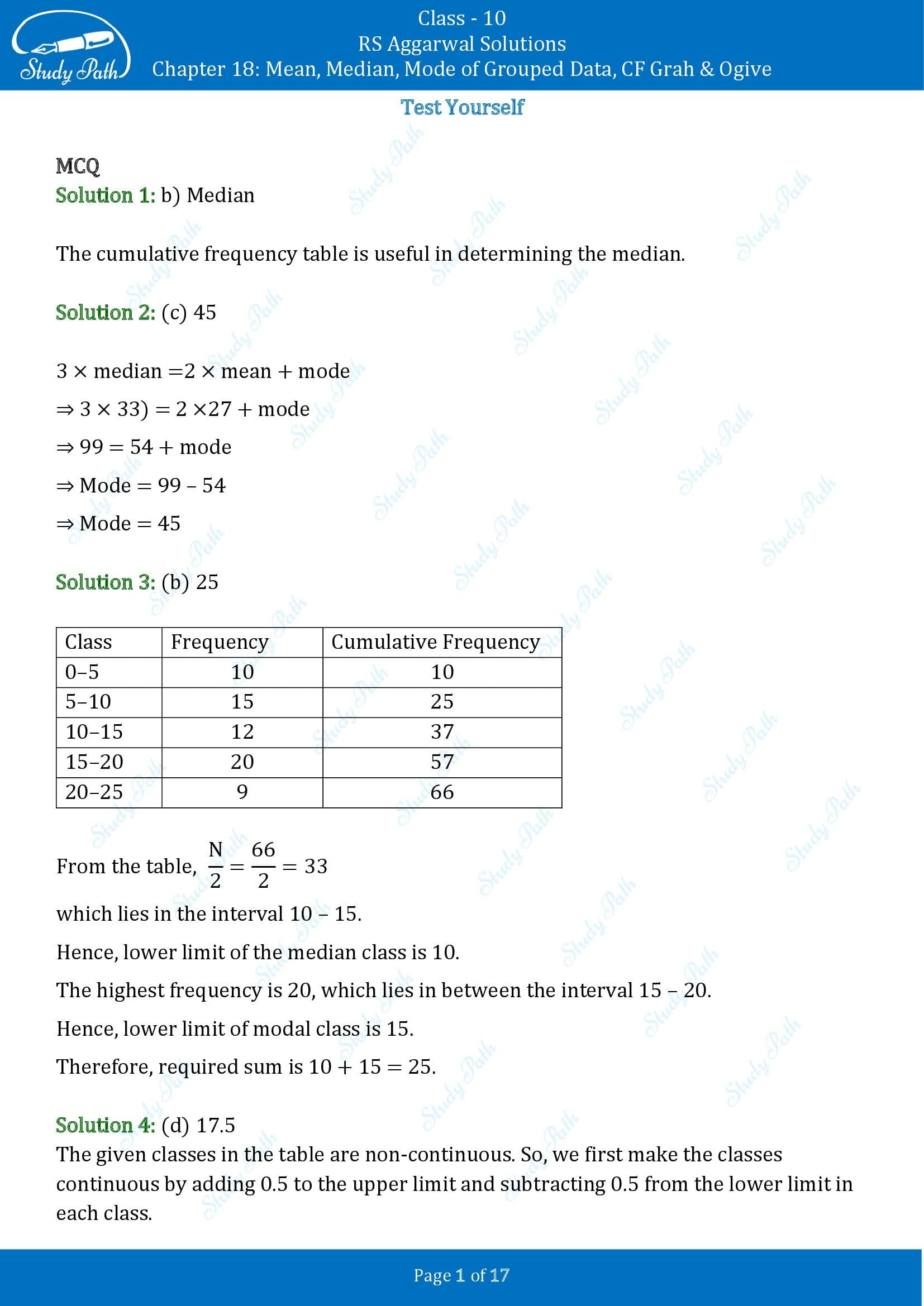 RS Aggarwal Solutions for Class 10 Chapter 18 Mean Median Mode CF and Ogive Test Yourself 00001