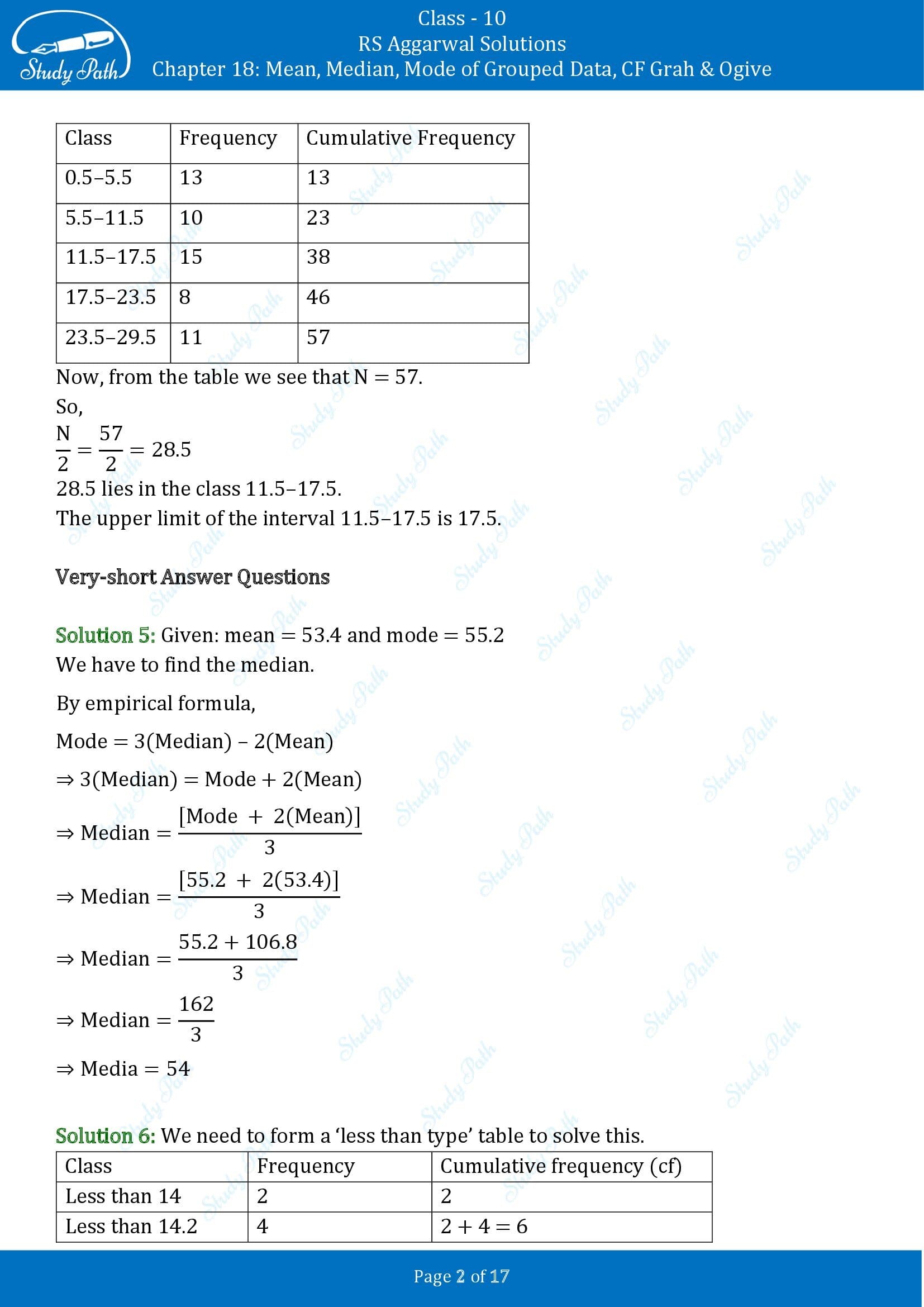 RS Aggarwal Solutions for Class 10 Chapter 18 Mean Median Mode CF and Ogive Test Yourself 00002