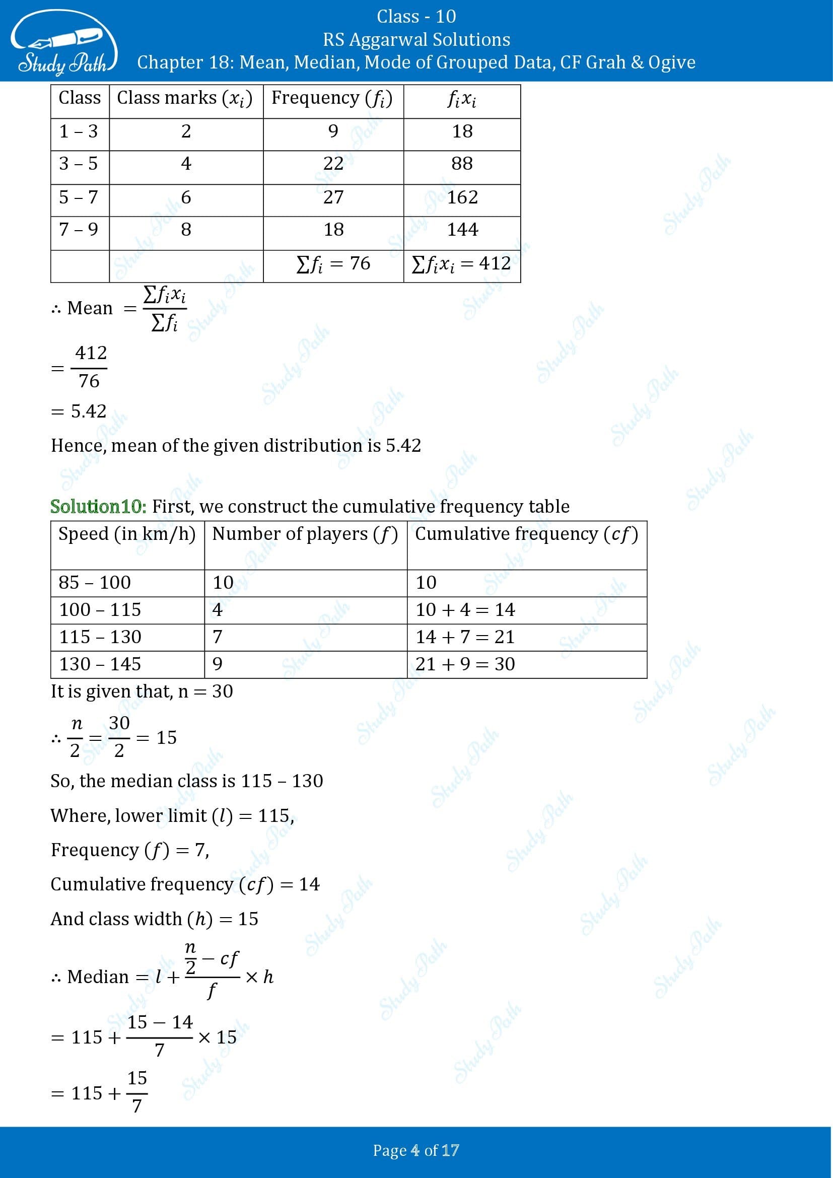 RS Aggarwal Solutions for Class 10 Chapter 18 Mean Median Mode CF and Ogive Test Yourself 00004