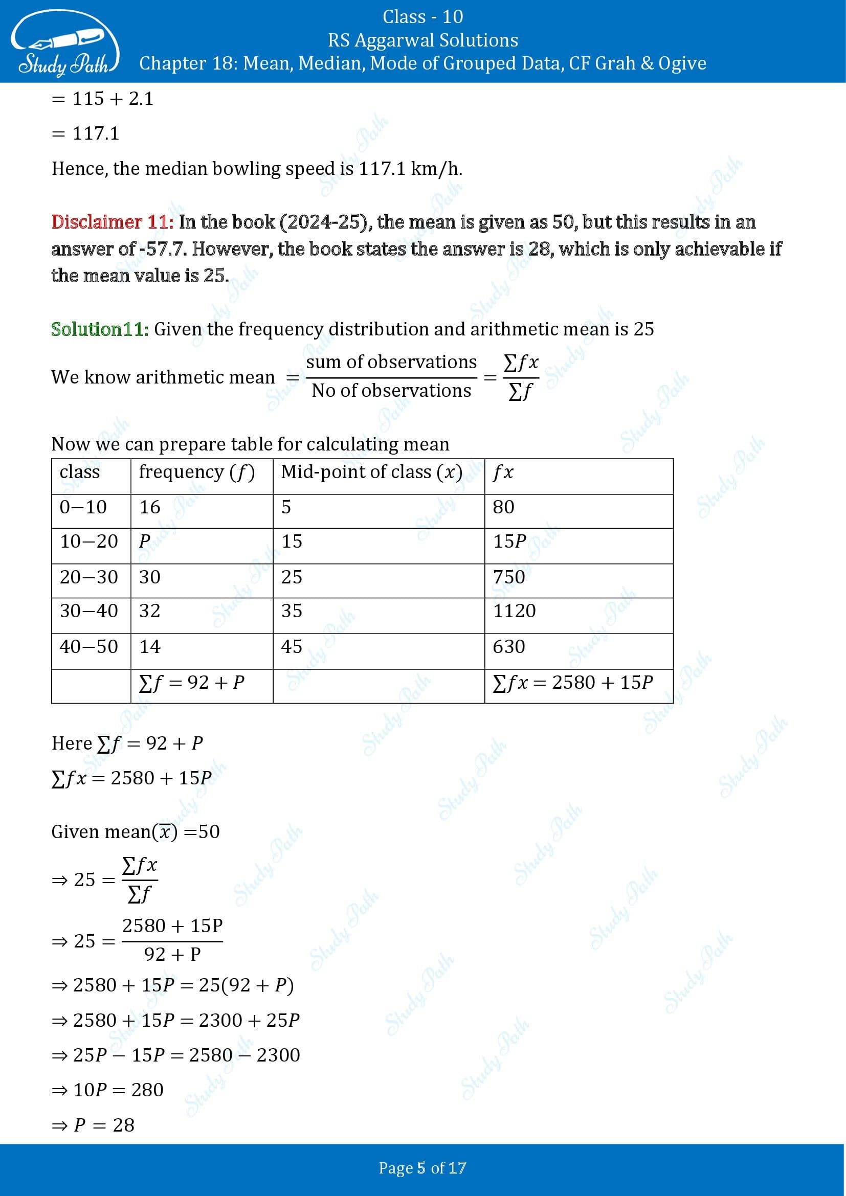 RS Aggarwal Solutions for Class 10 Chapter 18 Mean Median Mode CF and Ogive Test Yourself 00005