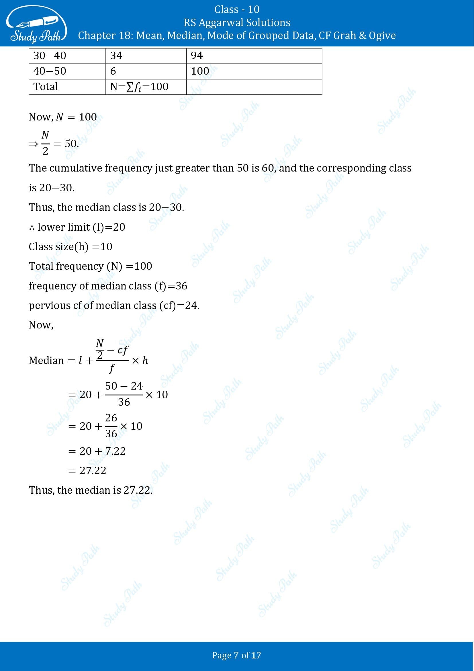 RS Aggarwal Solutions for Class 10 Chapter 18 Mean Median Mode CF and Ogive Test Yourself 00007