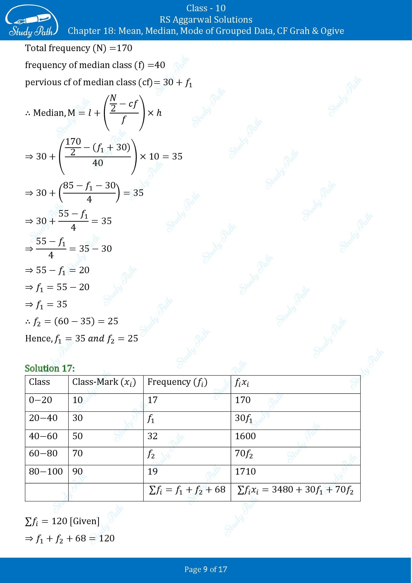 RS Aggarwal Solutions for Class 10 Chapter 18 Mean Median Mode CF and Ogive Test Yourself 00009