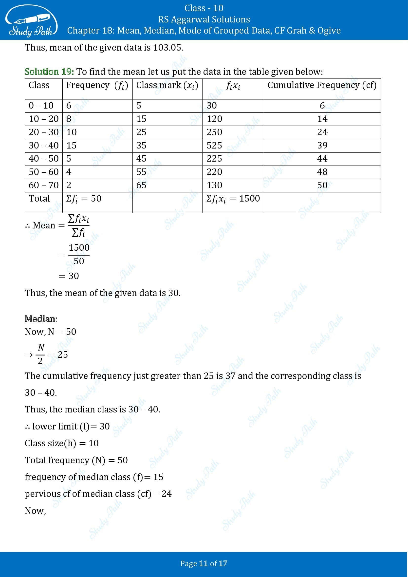 RS Aggarwal Solutions for Class 10 Chapter 18 Mean Median Mode CF and Ogive Test Yourself 00011