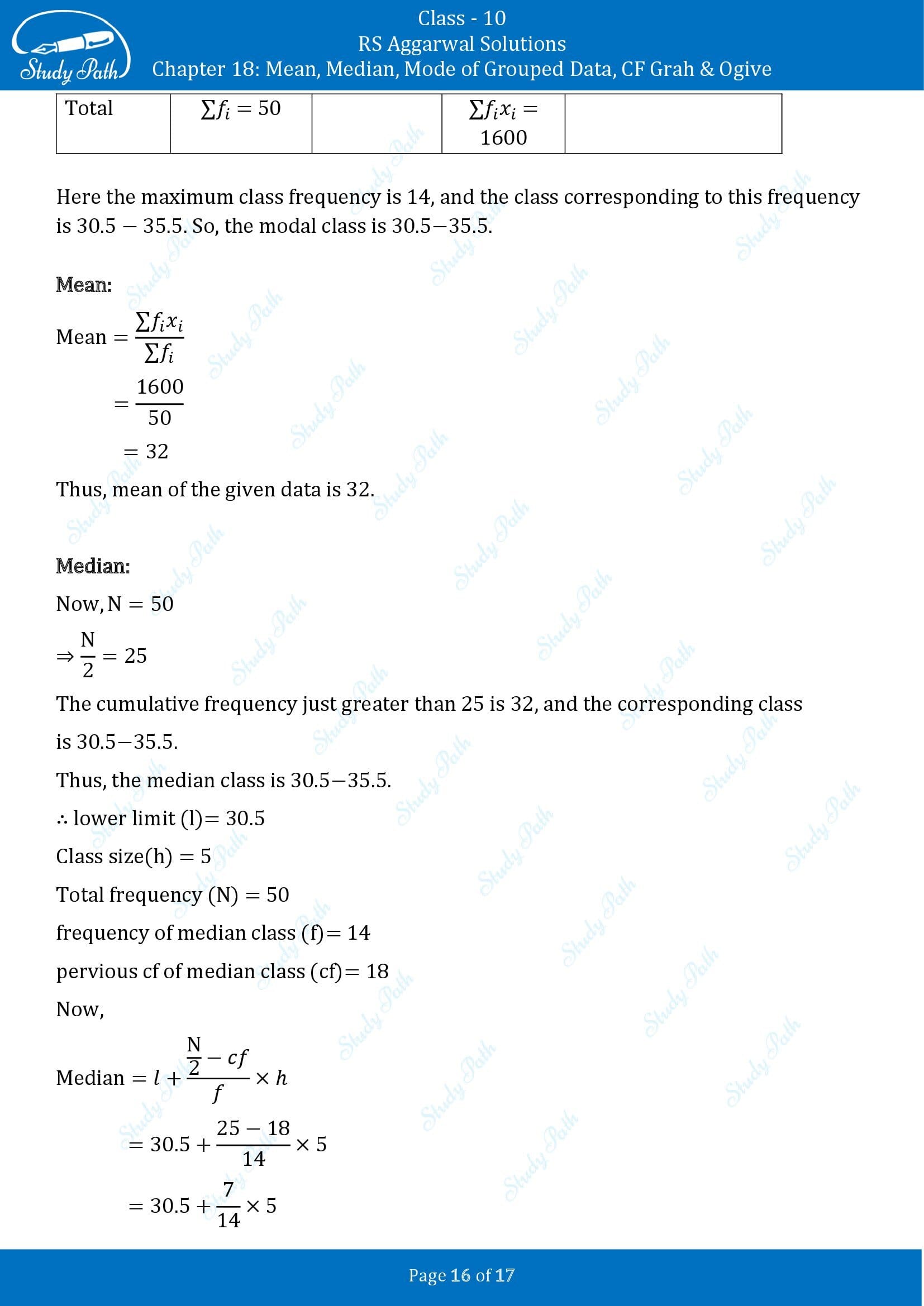 RS Aggarwal Solutions for Class 10 Chapter 18 Mean Median Mode CF and Ogive Test Yourself 00016