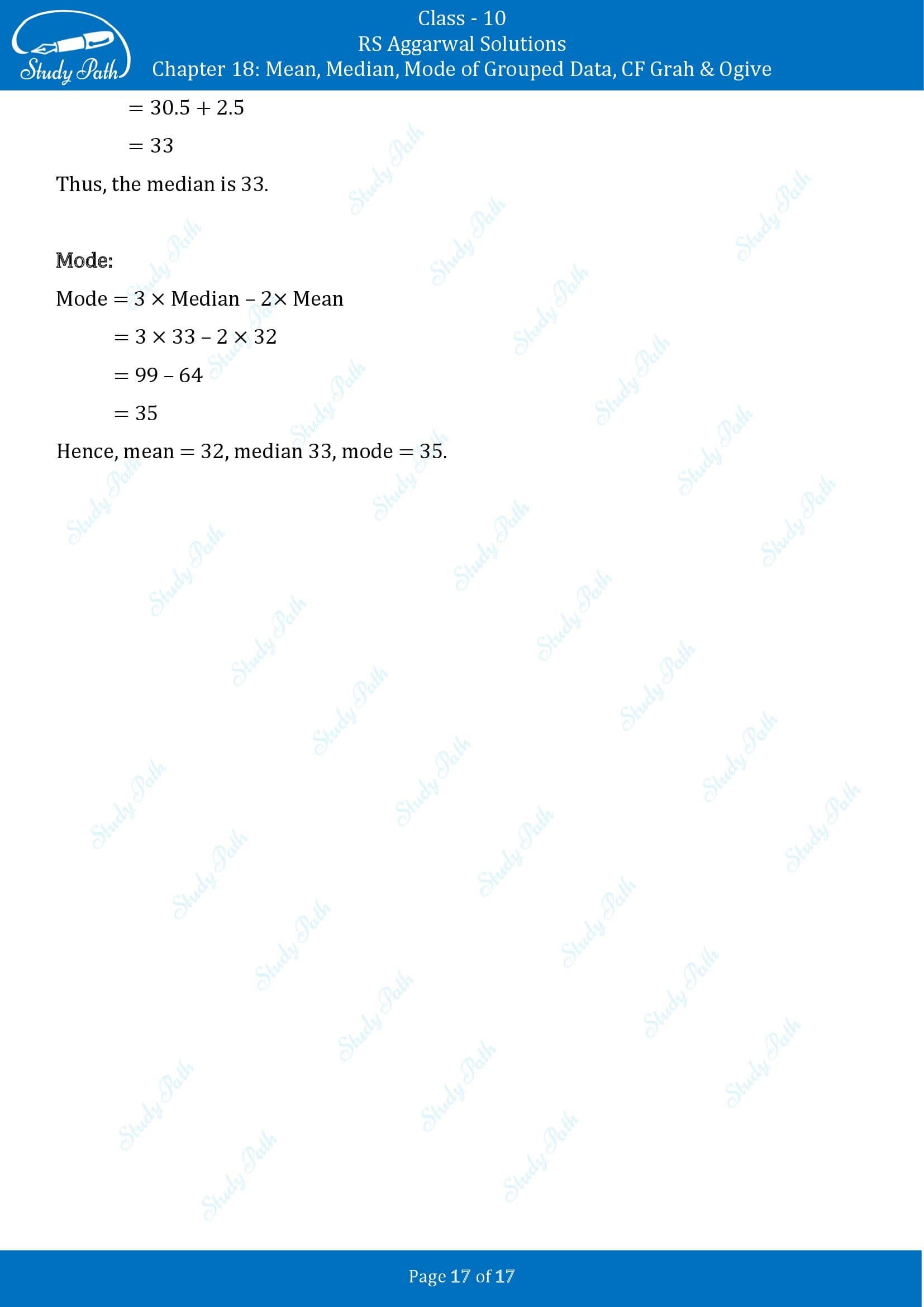 RS Aggarwal Solutions for Class 10 Chapter 18 Mean Median Mode CF and Ogive Test Yourself 00017