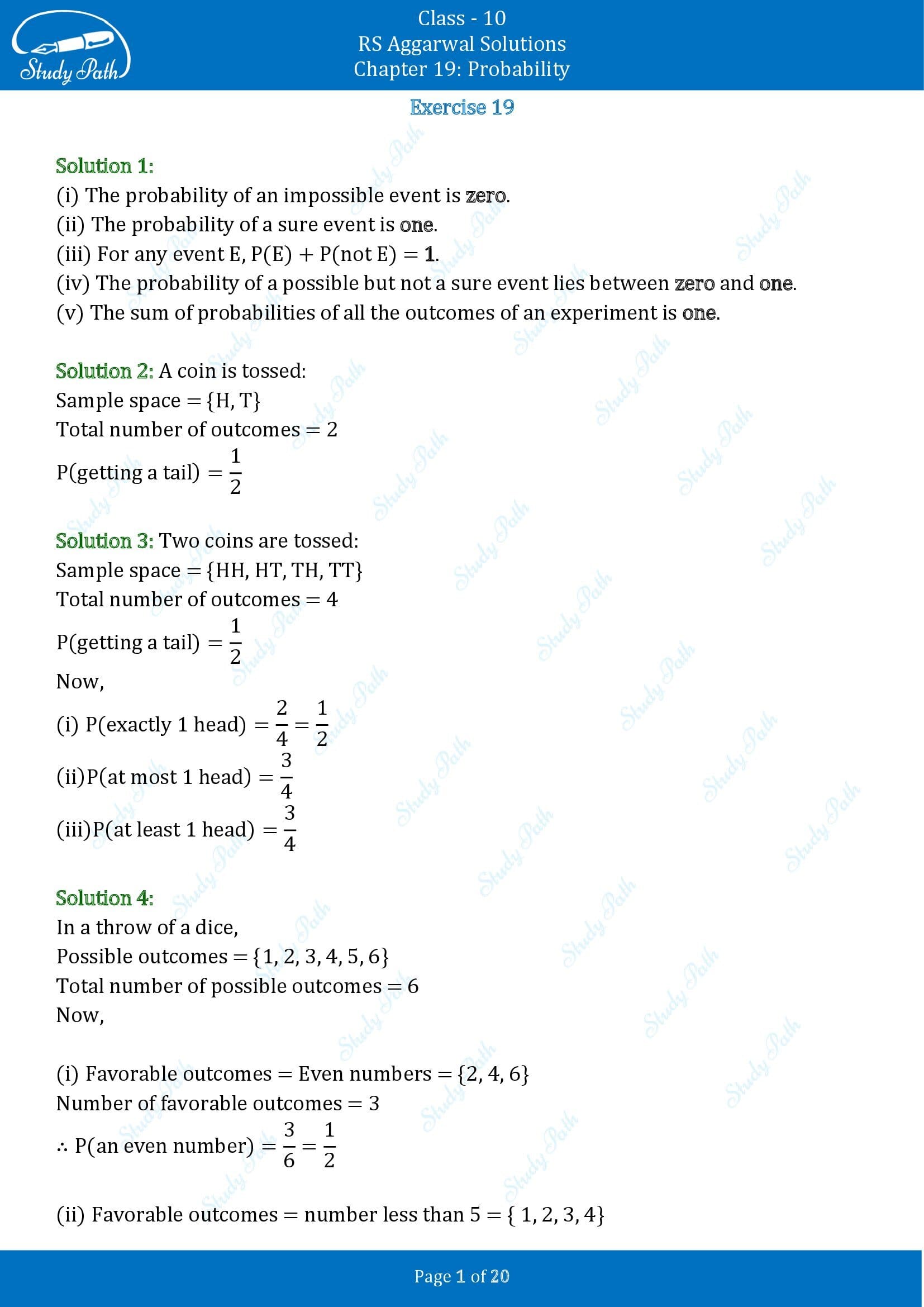 RS Aggarwal Solutions for Class 10 Chapter 19 Probability Exercise 19 00001