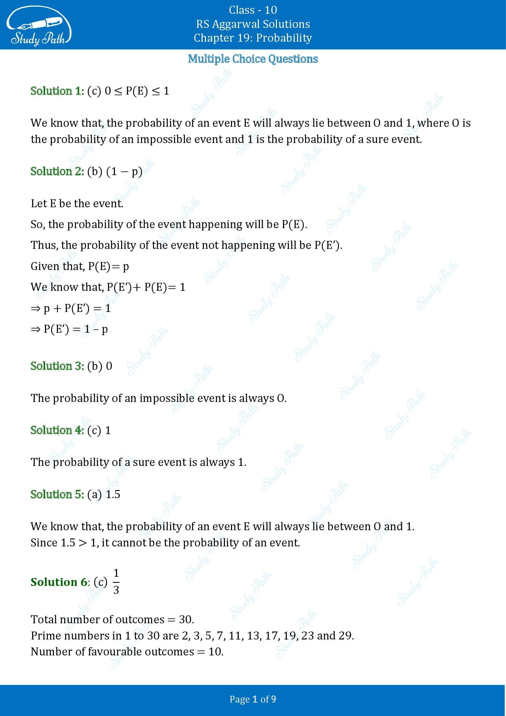 RS Aggarwal Solutions for Class 10 Chapter 19 Probability Multiple Choice Questions 00001