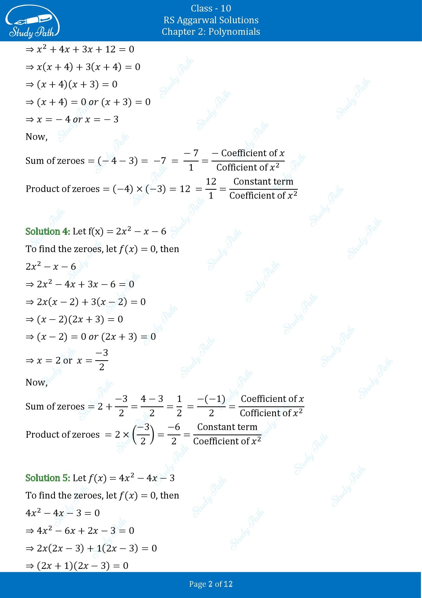 RS Aggarwal Solutions for Class 10 Chapter 2 Polynomials Exercise 2A 00002