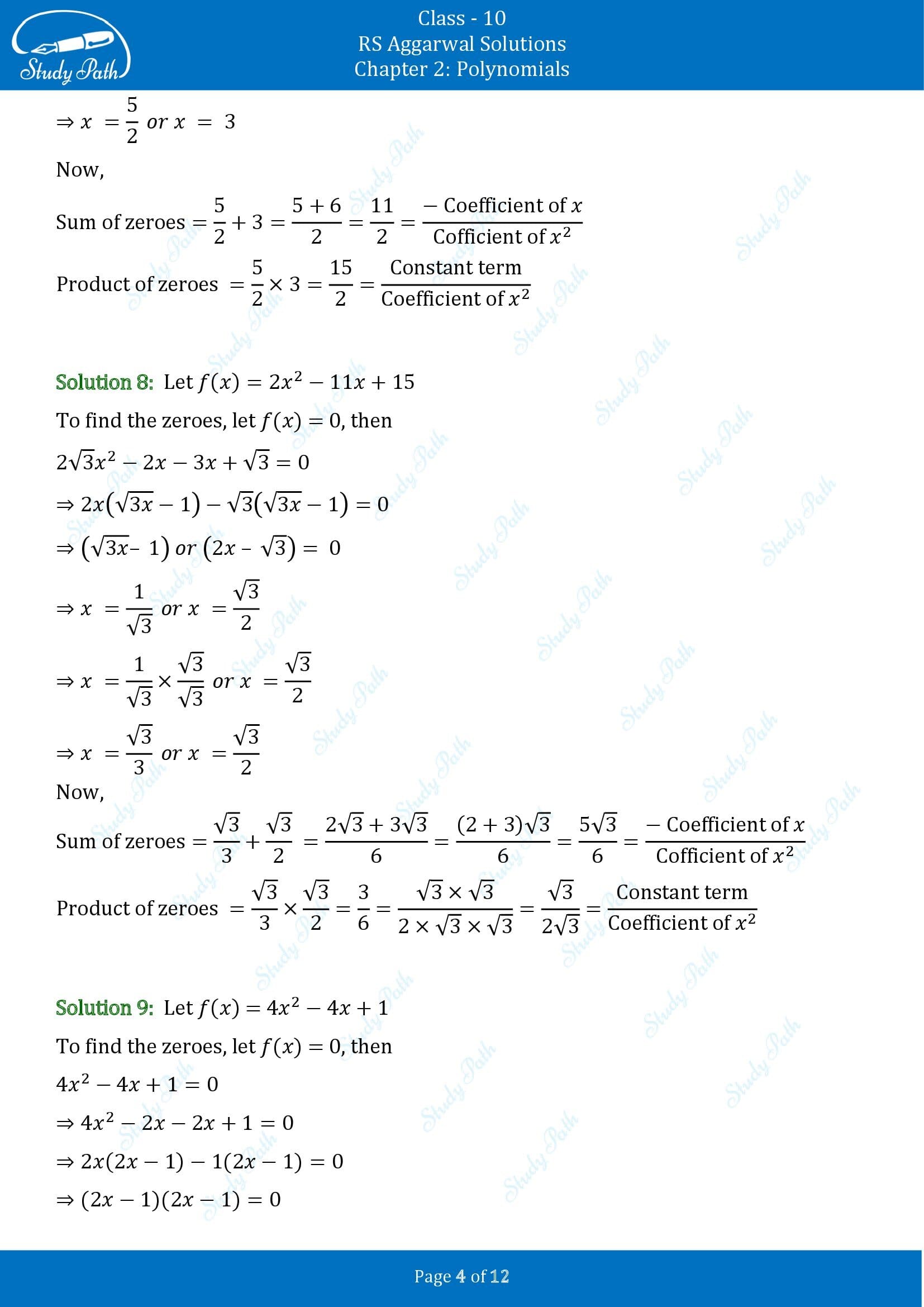 RS Aggarwal Solutions for Class 10 Chapter 2 Polynomials Exercise 2A 00004