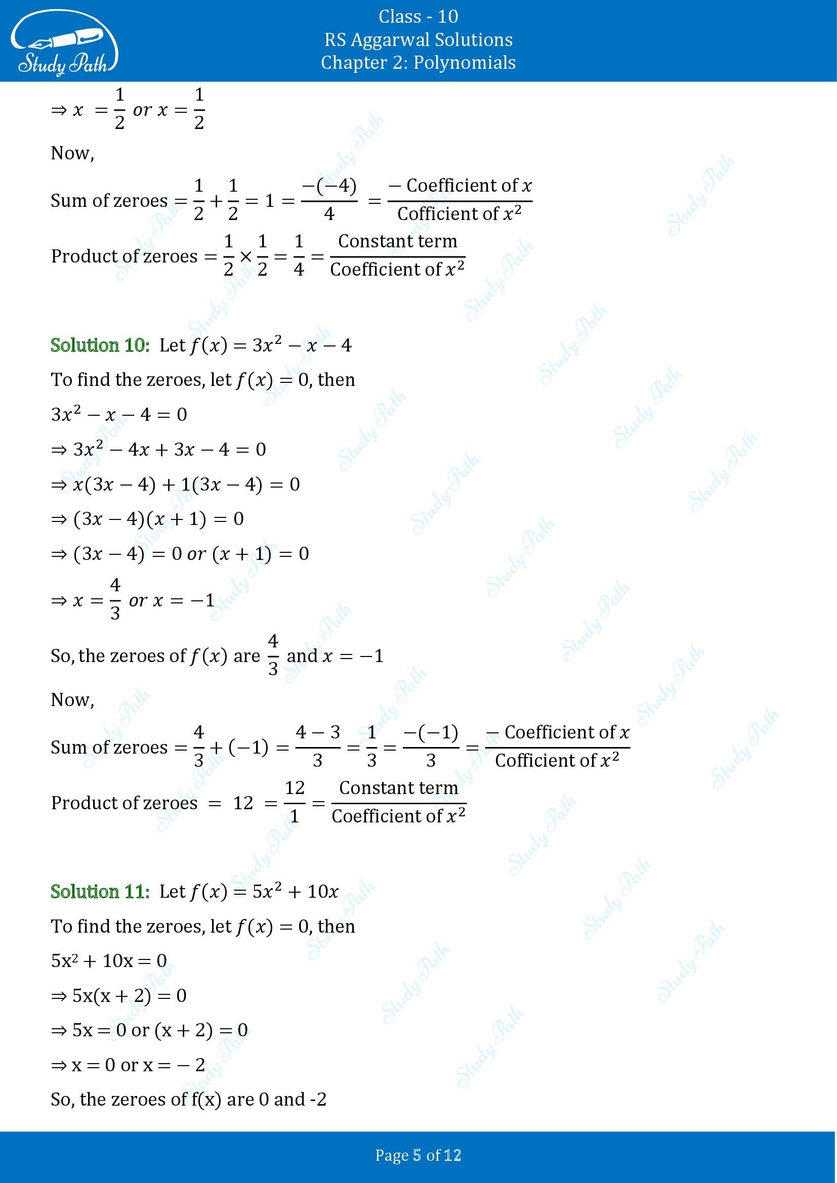 RS Aggarwal Solutions for Class 10 Chapter 2 Polynomials Exercise 2A 00005