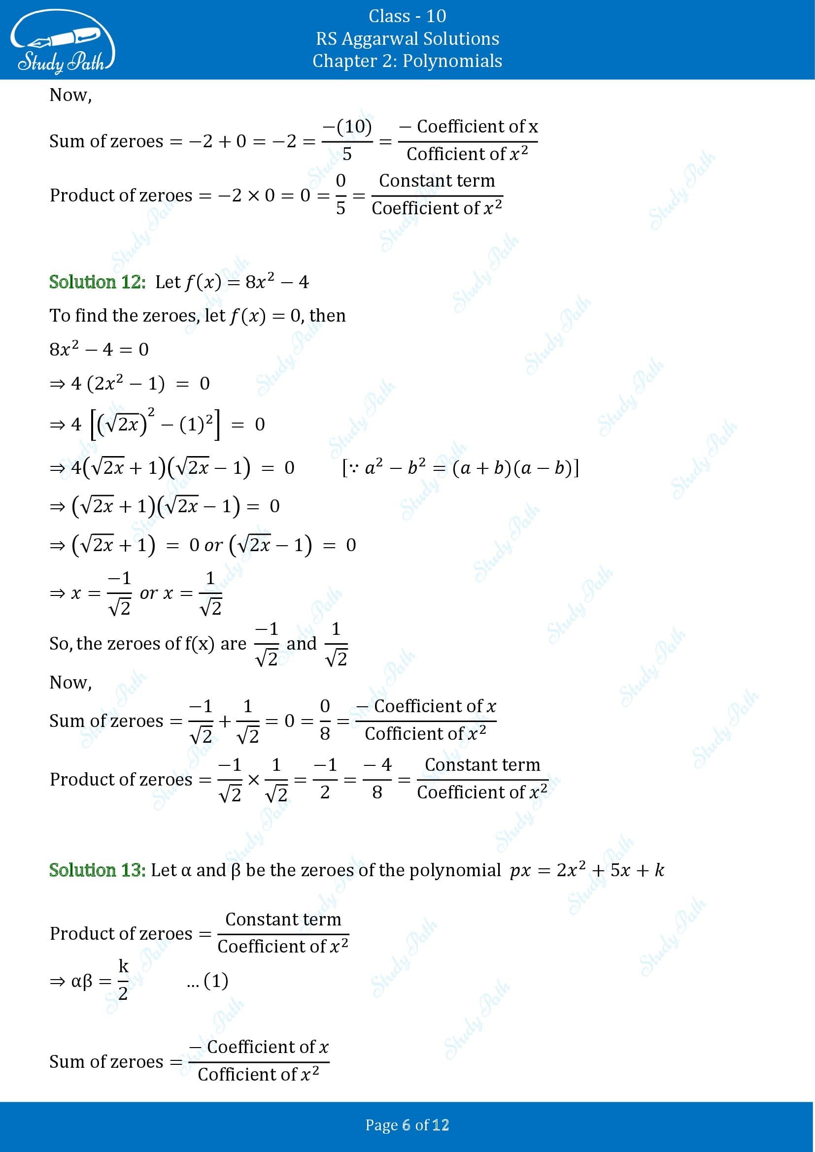 RS Aggarwal Solutions for Class 10 Chapter 2 Polynomials Exercise 2A 00006