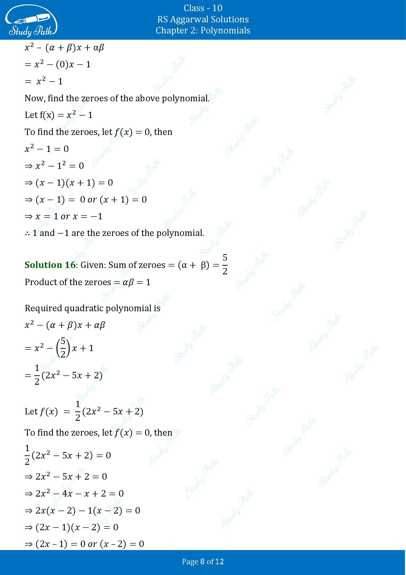 RS Aggarwal Solutions for Class 10 Chapter 2 Polynomials Exercise 2A 00008