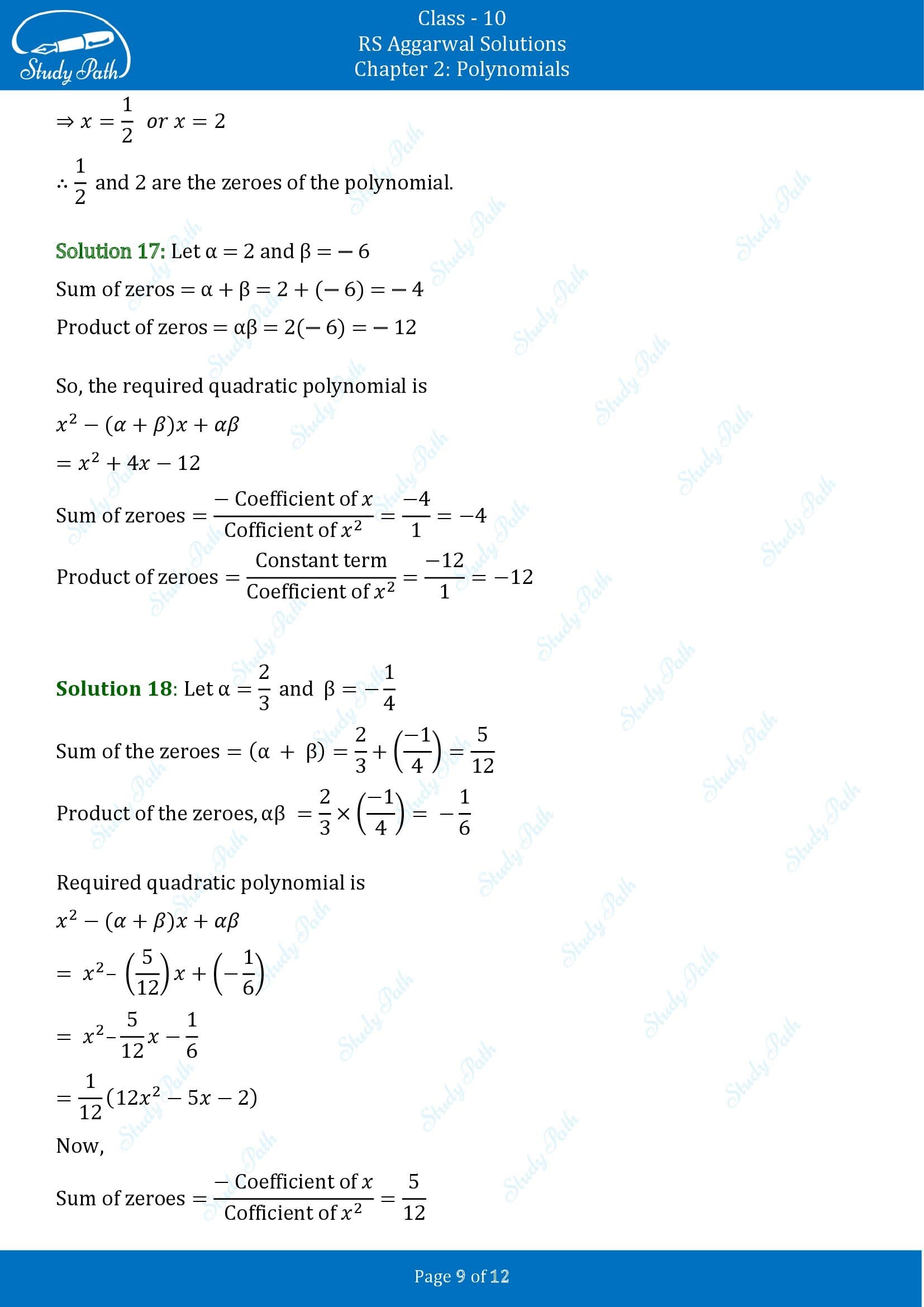 RS Aggarwal Solutions for Class 10 Chapter 2 Polynomials Exercise 2A 00009