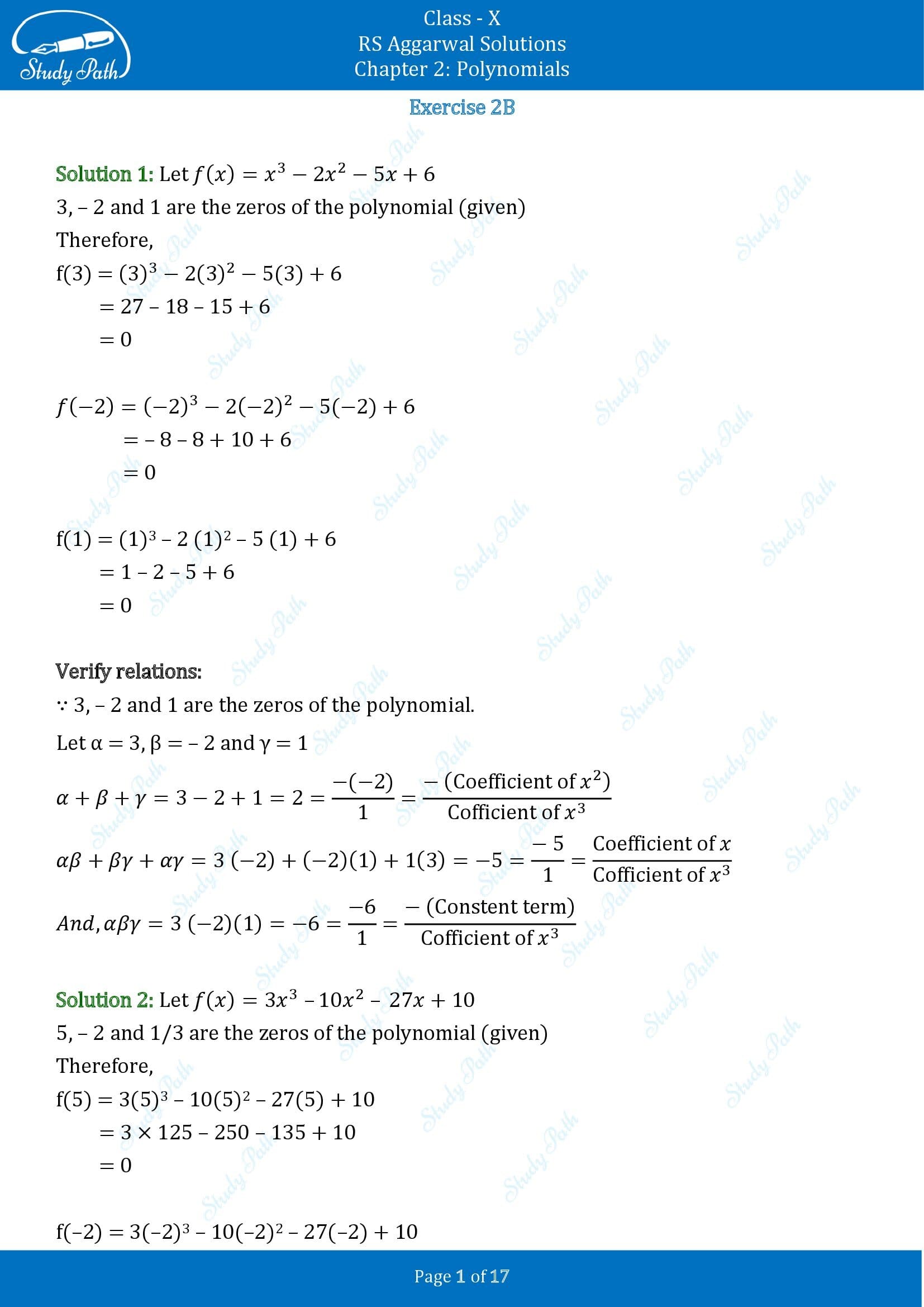 RS Aggarwal Solutions for Class 10 Chapter 2 Polynomials Exercise 2B 00001