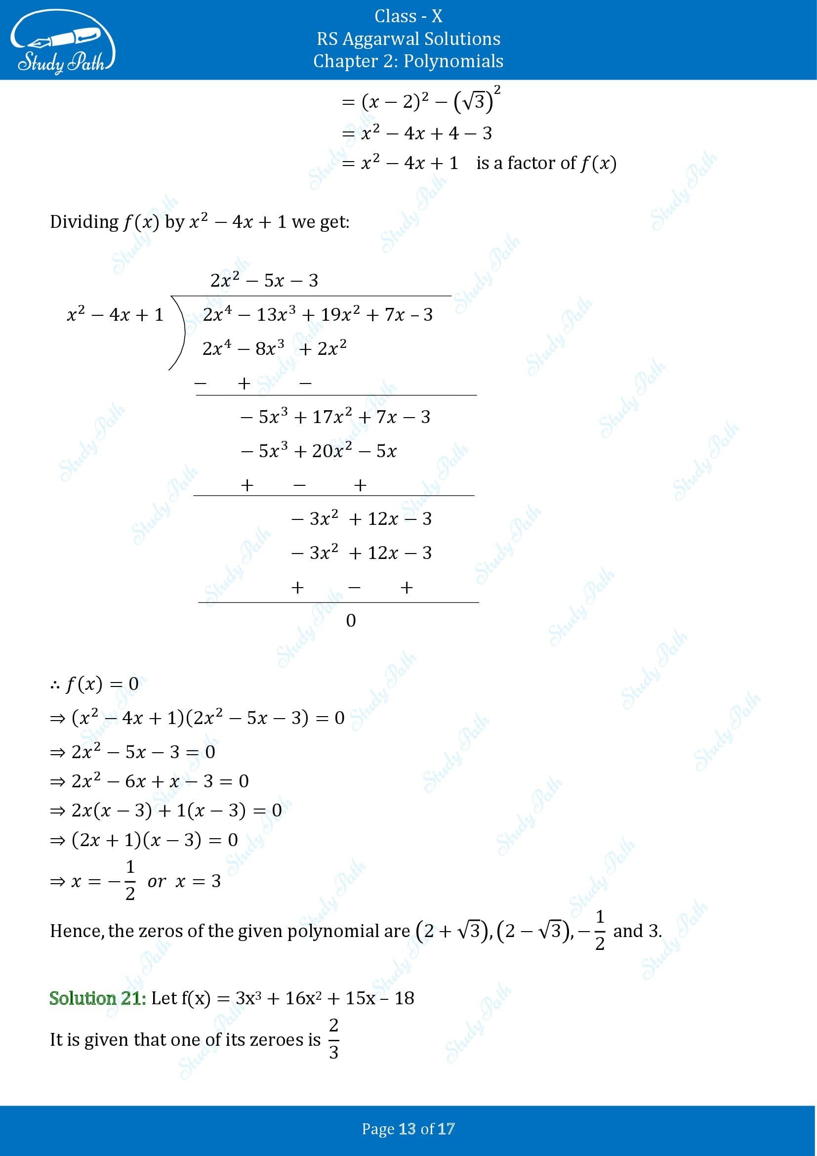 RS Aggarwal Solutions for Class 10 Chapter 2 Polynomials Exercise 2B 00013