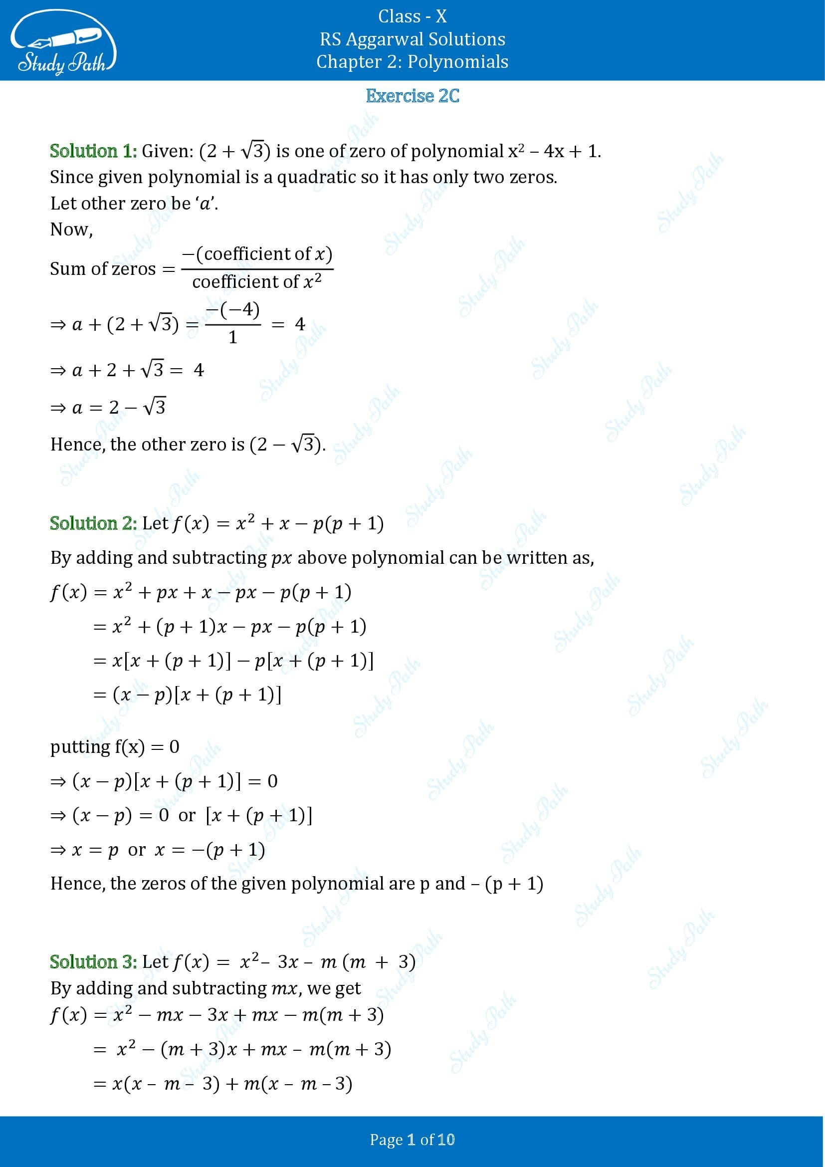 RS Aggarwal Solutions for Class 10 Chapter 2 Polynomials Exercise 2C 00001