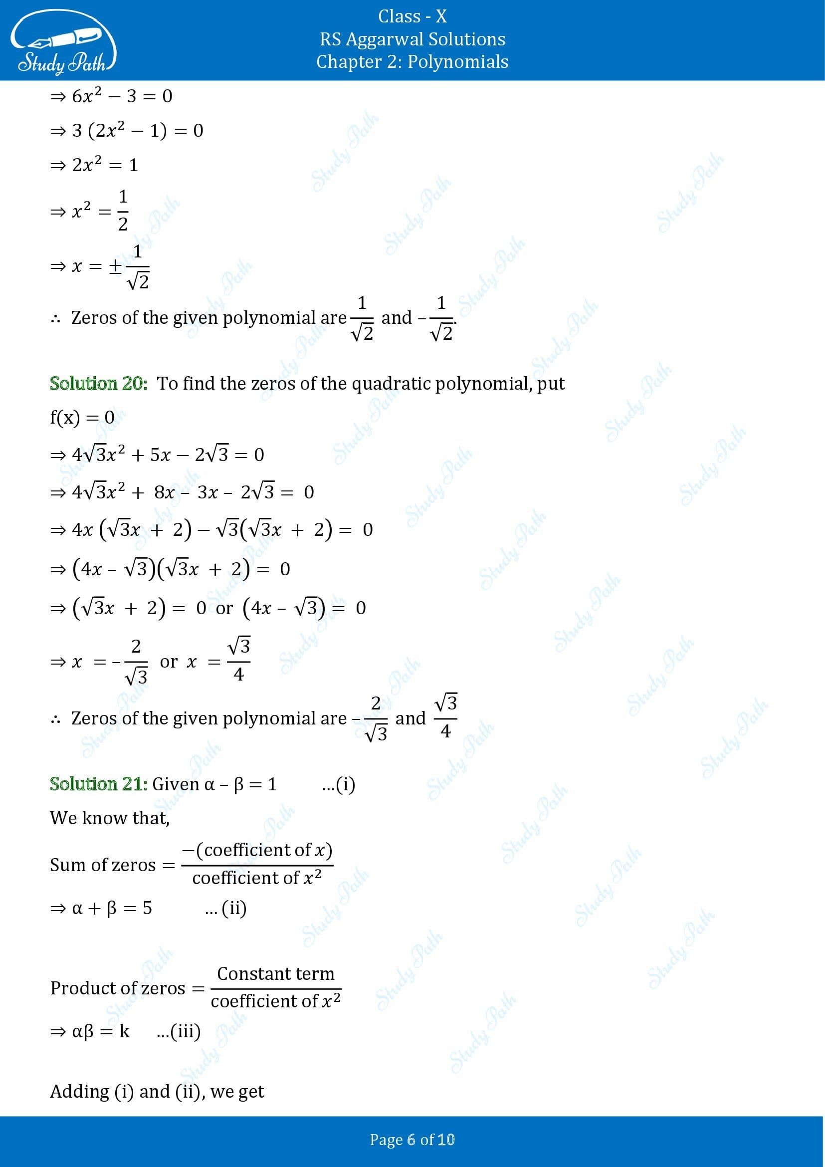 RS Aggarwal Solutions for Class 10 Chapter 2 Polynomials Exercise 2C 00006