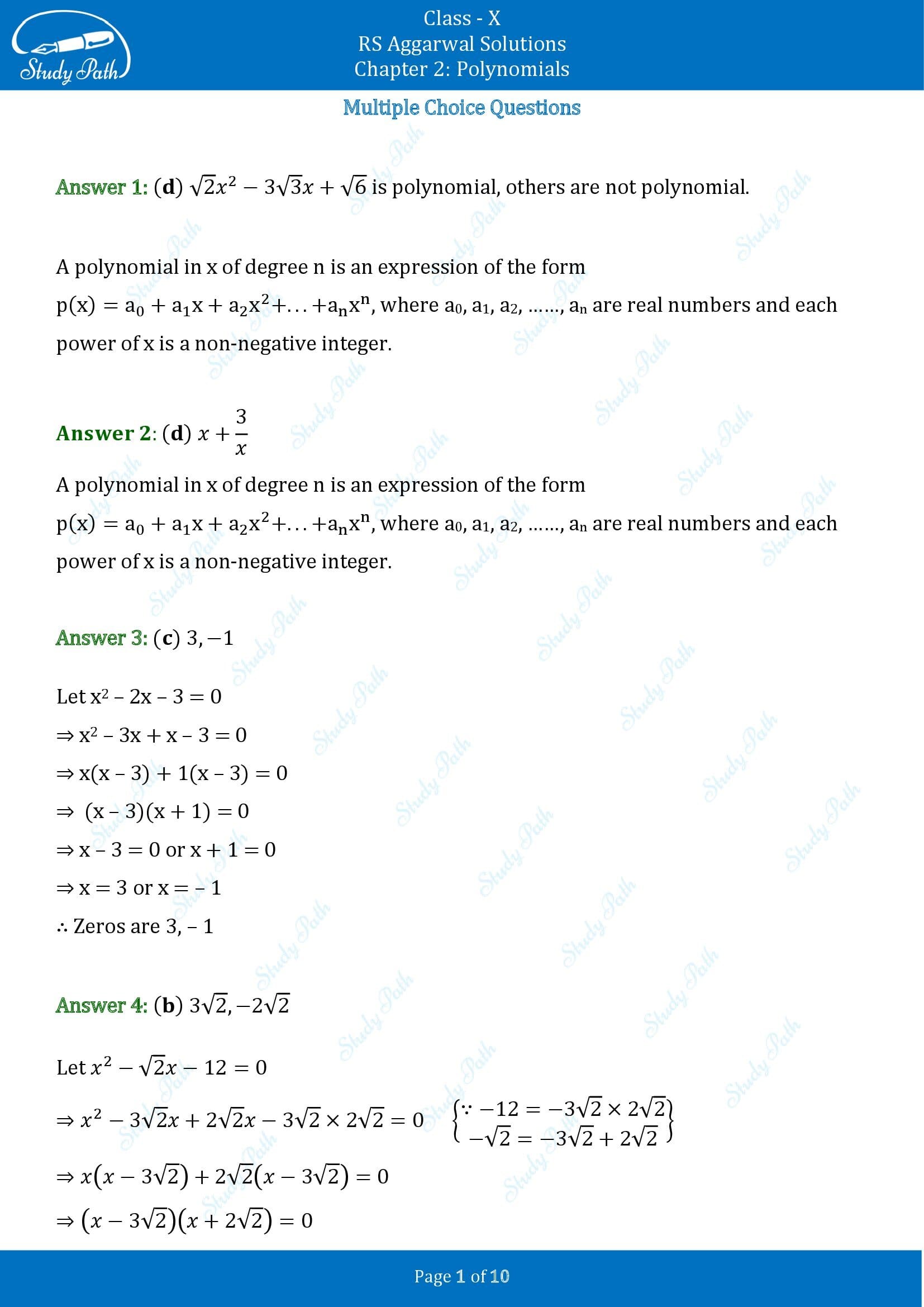 RS Aggarwal Solutions for Class 10 Chapter 2 Polynomials Multiple Choice Questions 00001